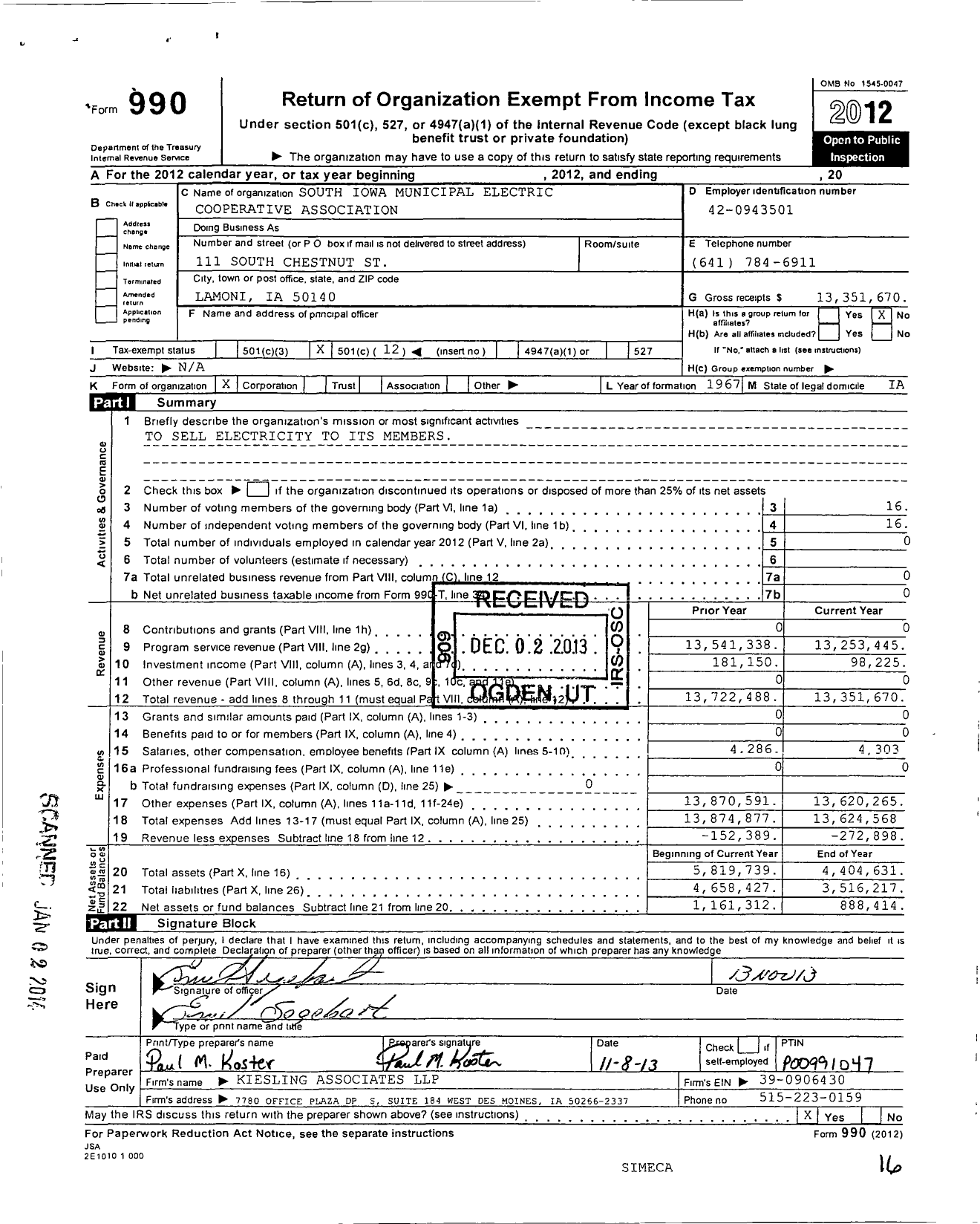 Image of first page of 2012 Form 990O for South Iowa Municipal Electric Cooperative Association (SIMECA)