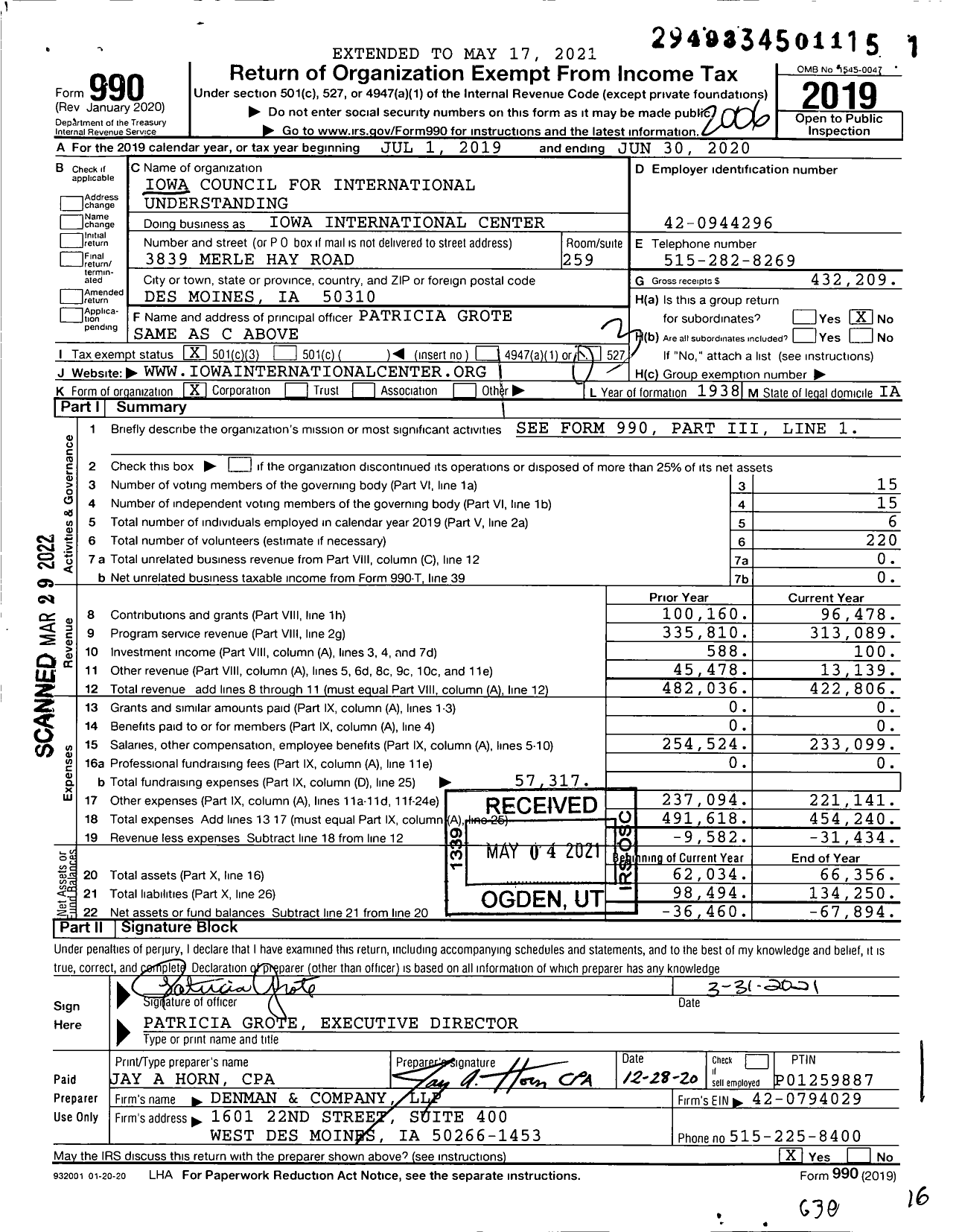 Image of first page of 2019 Form 990 for Iowa International Center