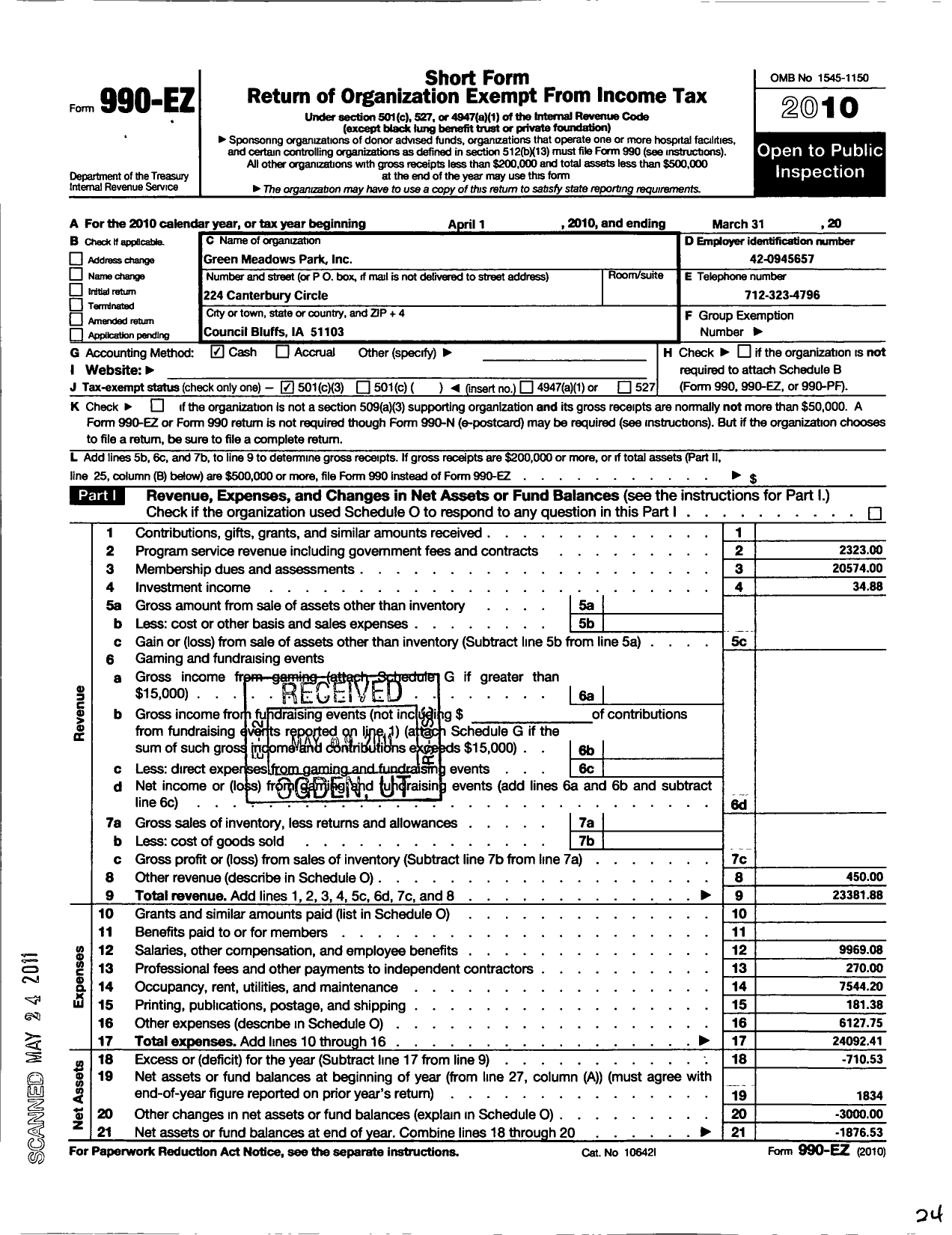 Image of first page of 2010 Form 990EZ for Green Meadows Park