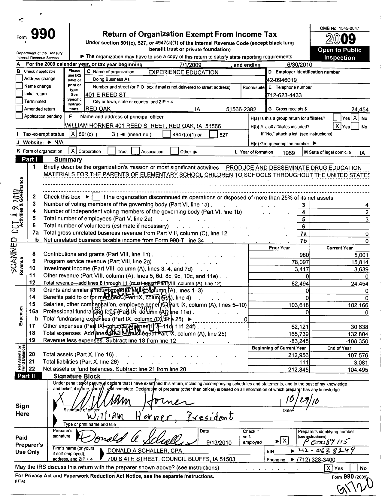 Image of first page of 2009 Form 990 for Experience Education