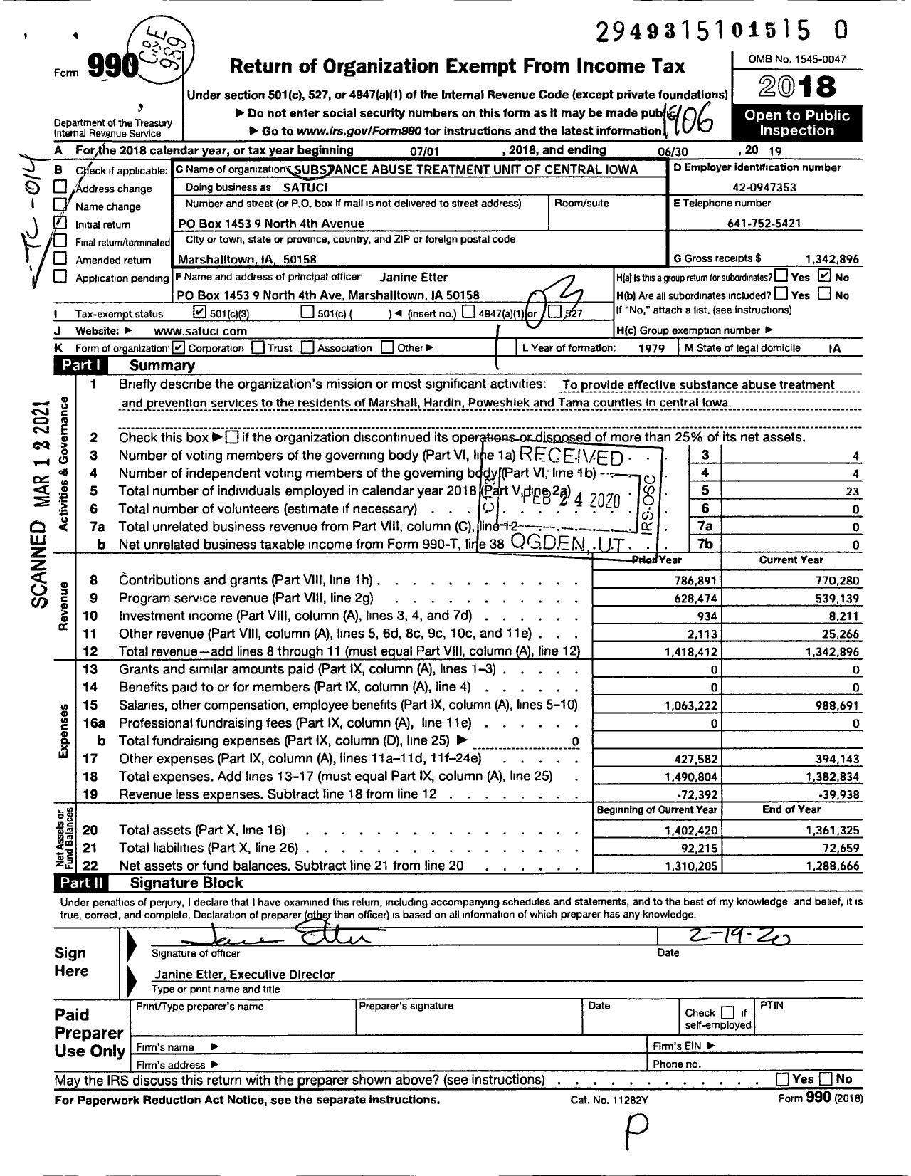 Image of first page of 2018 Form 990 for Substance Abuse Treatment Unit of Central Iowa (SATUCI)