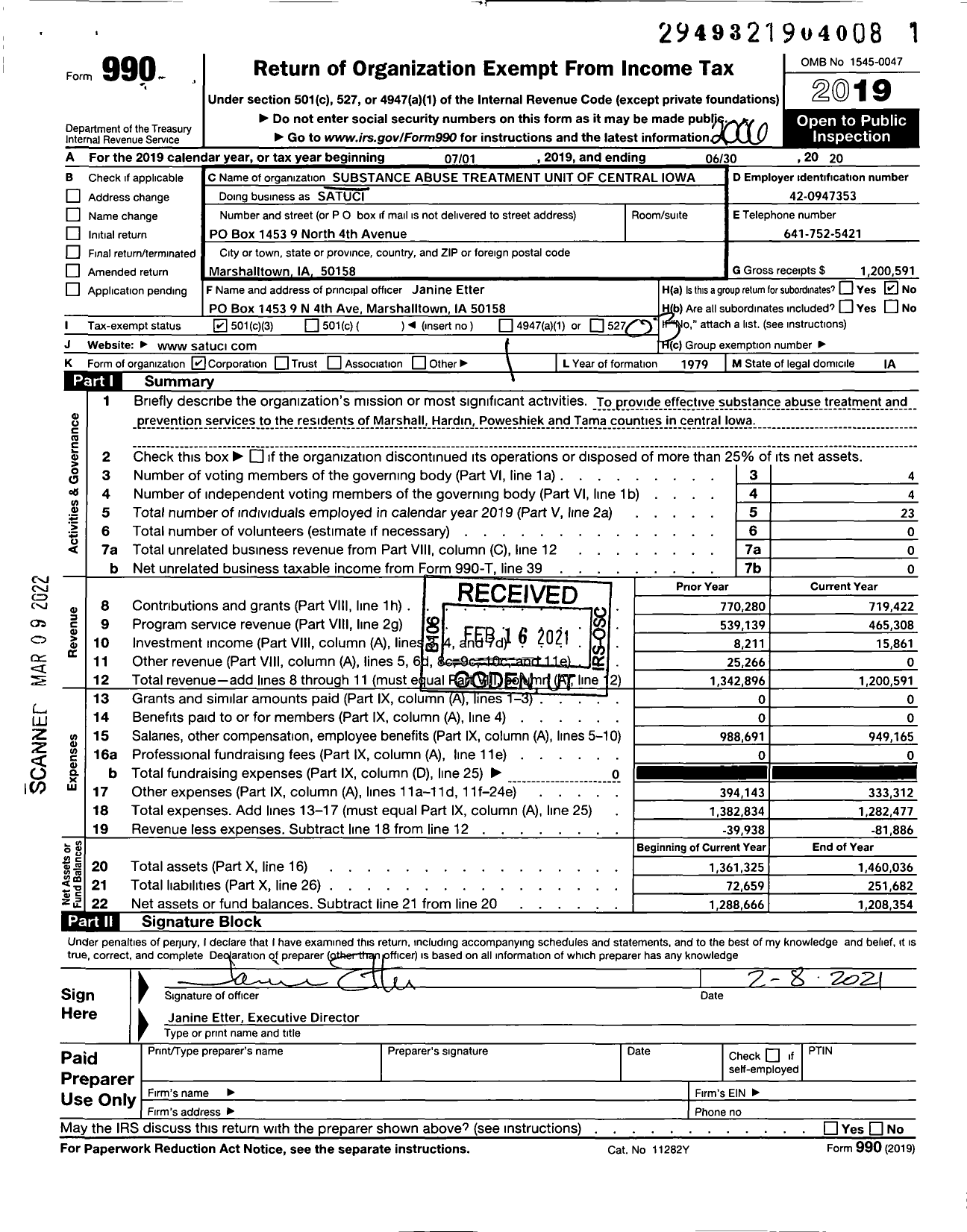 Image of first page of 2019 Form 990 for Substance Abuse Treatment Unit of Central Iowa (SATUCI)