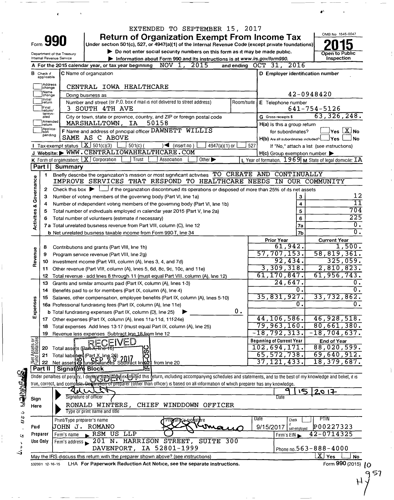 Image of first page of 2015 Form 990 for Central Iowa Healthcare