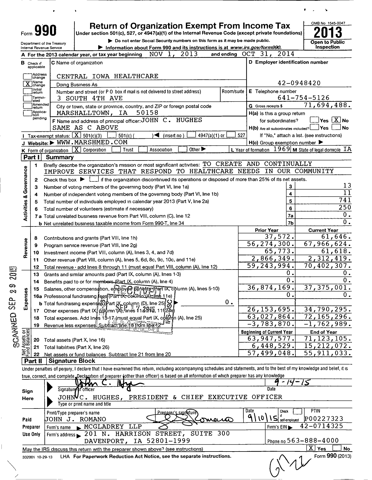 Image of first page of 2013 Form 990 for Central Iowa Healthcare