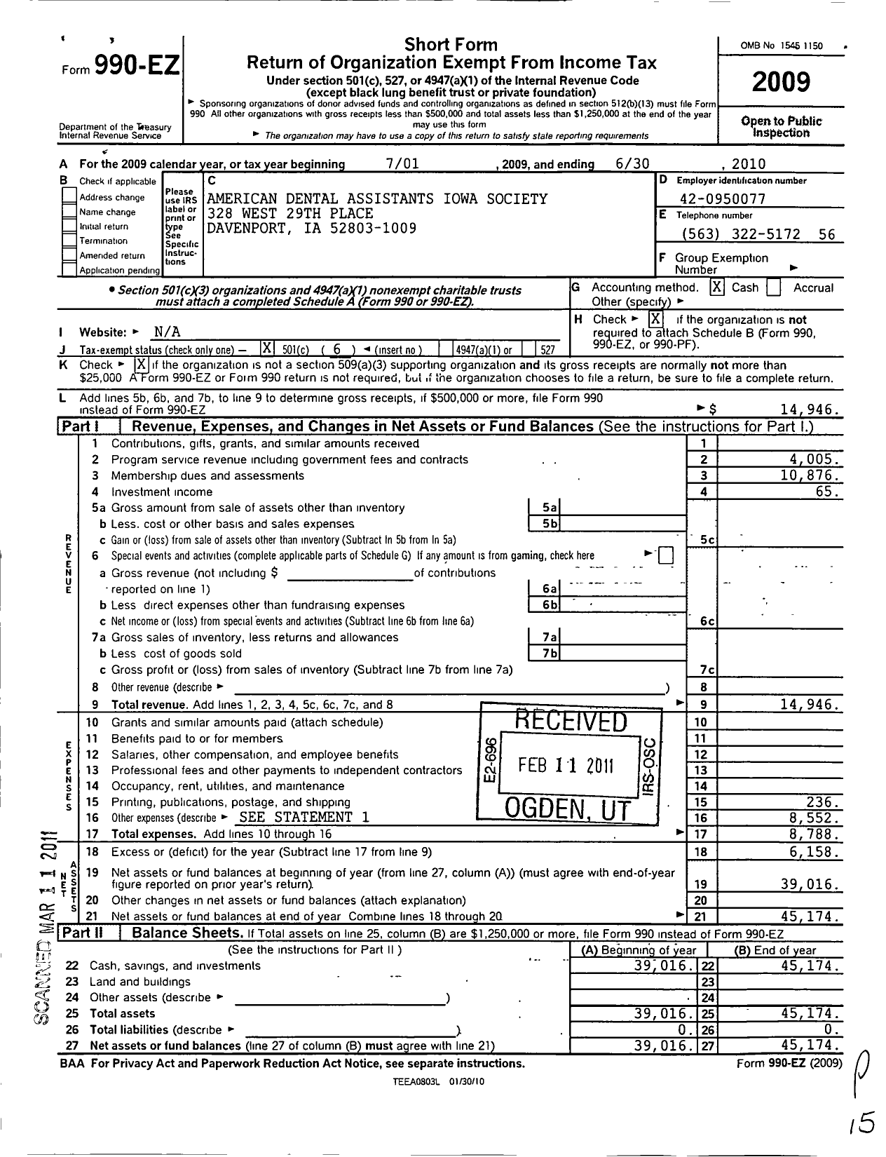 Image of first page of 2009 Form 990EO for American Dental Assistants Iowa Society