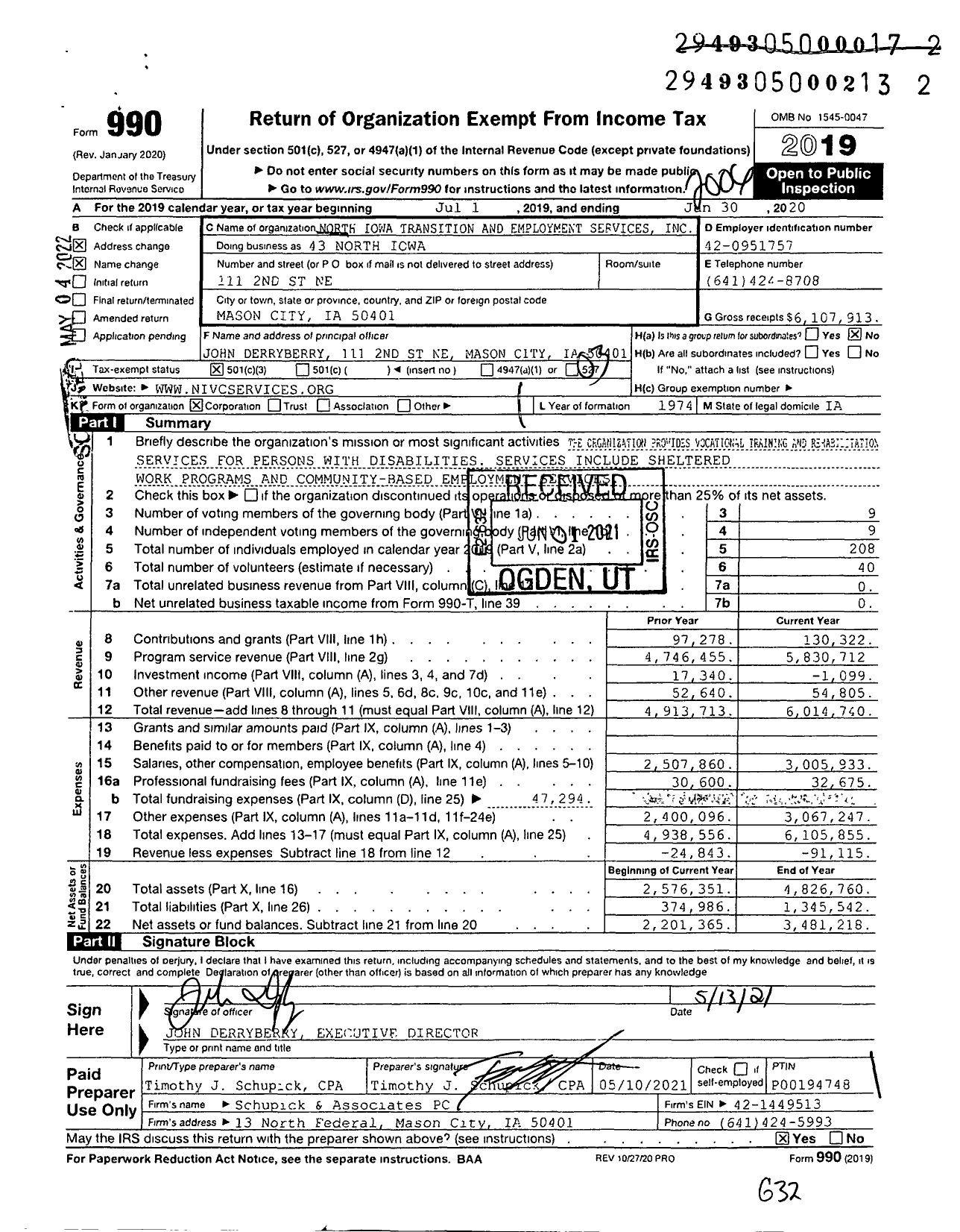 Image of first page of 2019 Form 990 for 43 North Iowa