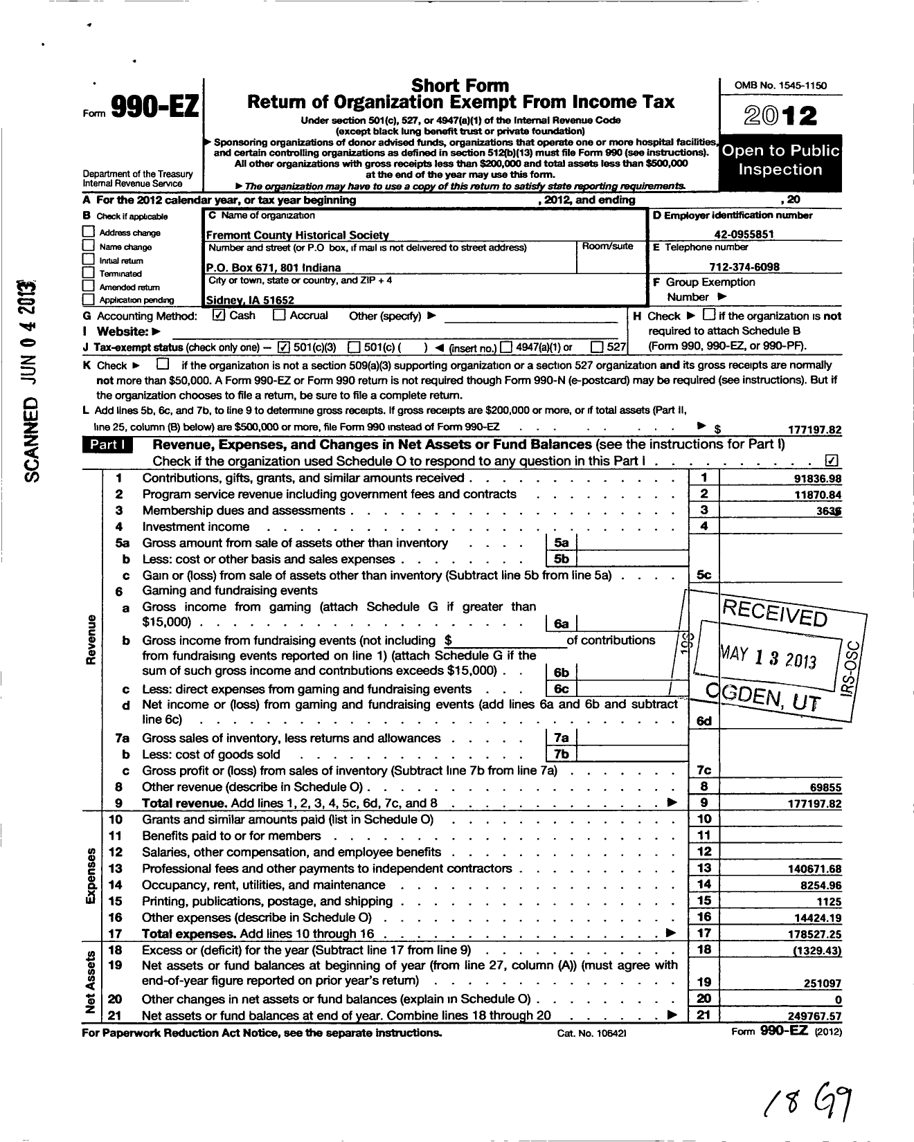 Image of first page of 2012 Form 990EZ for Fremont County Historical Society