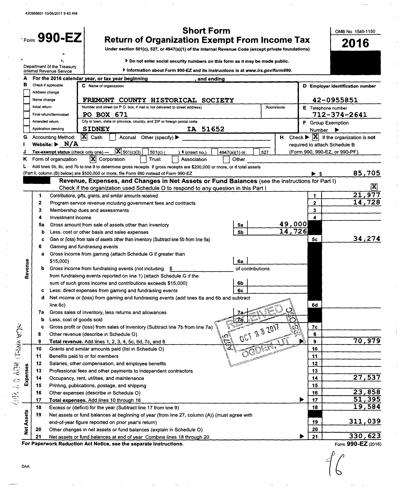 Image of first page of 2016 Form 990EZ for Fremont County Historical Society