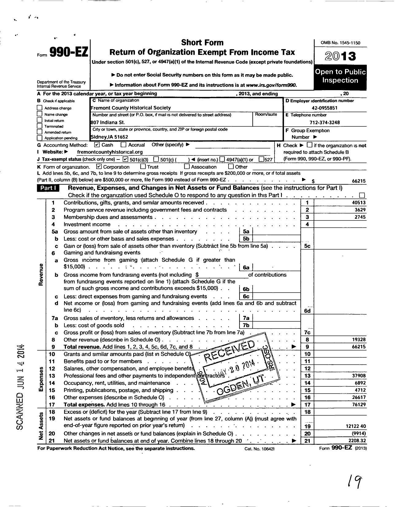 Image of first page of 2013 Form 990EZ for Fremont County Historical Society