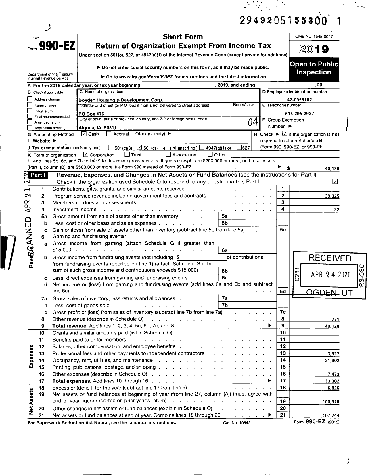 Image of first page of 2019 Form 990EO for Boyden Housing and Development Corporation