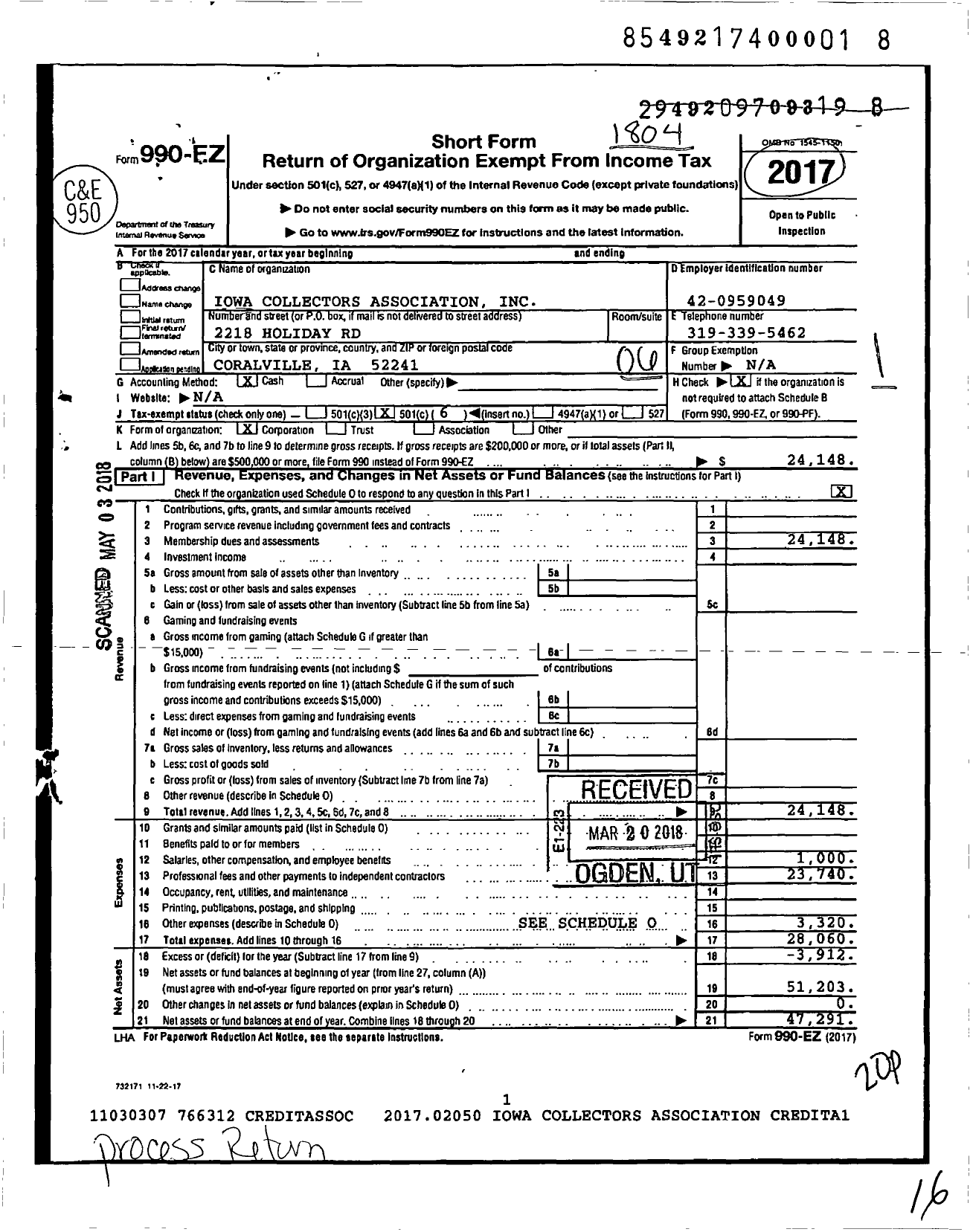 Image of first page of 2017 Form 990EO for Iowa Collectors Association