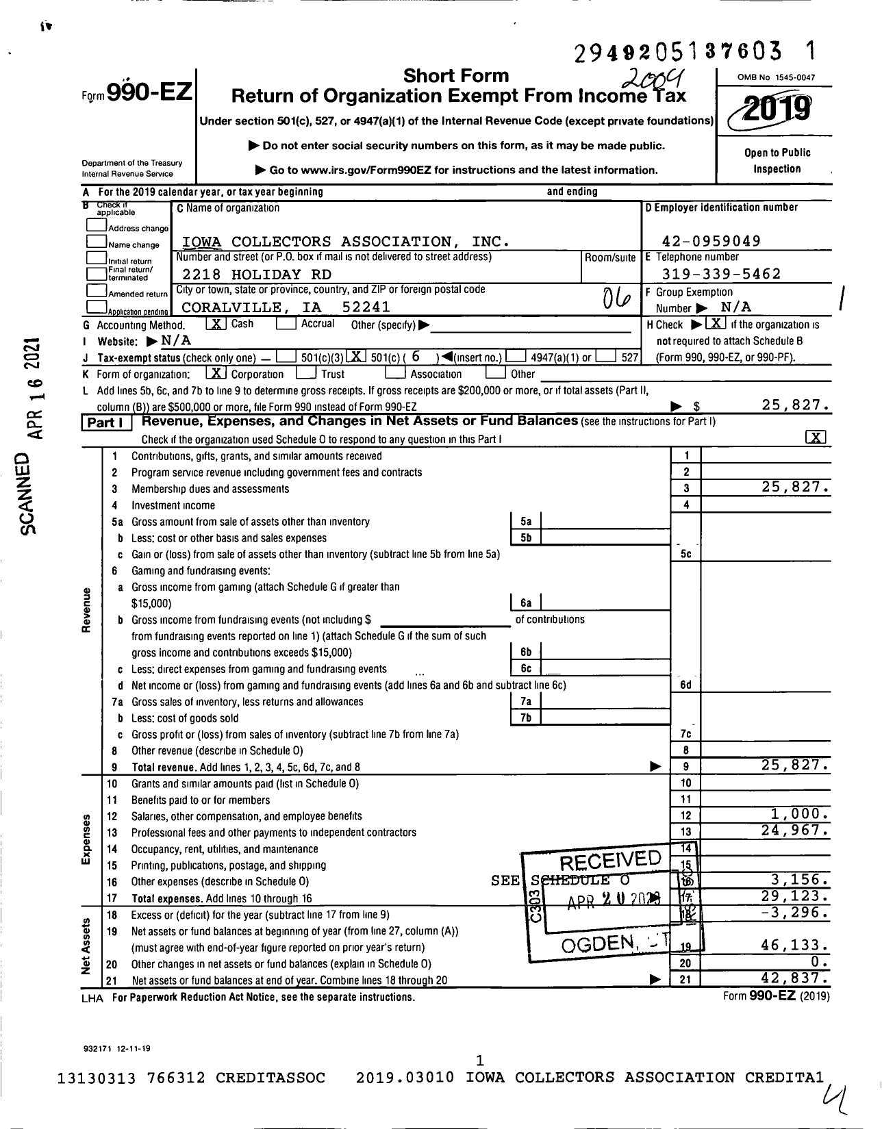 Image of first page of 2019 Form 990EO for Iowa Collectors Association