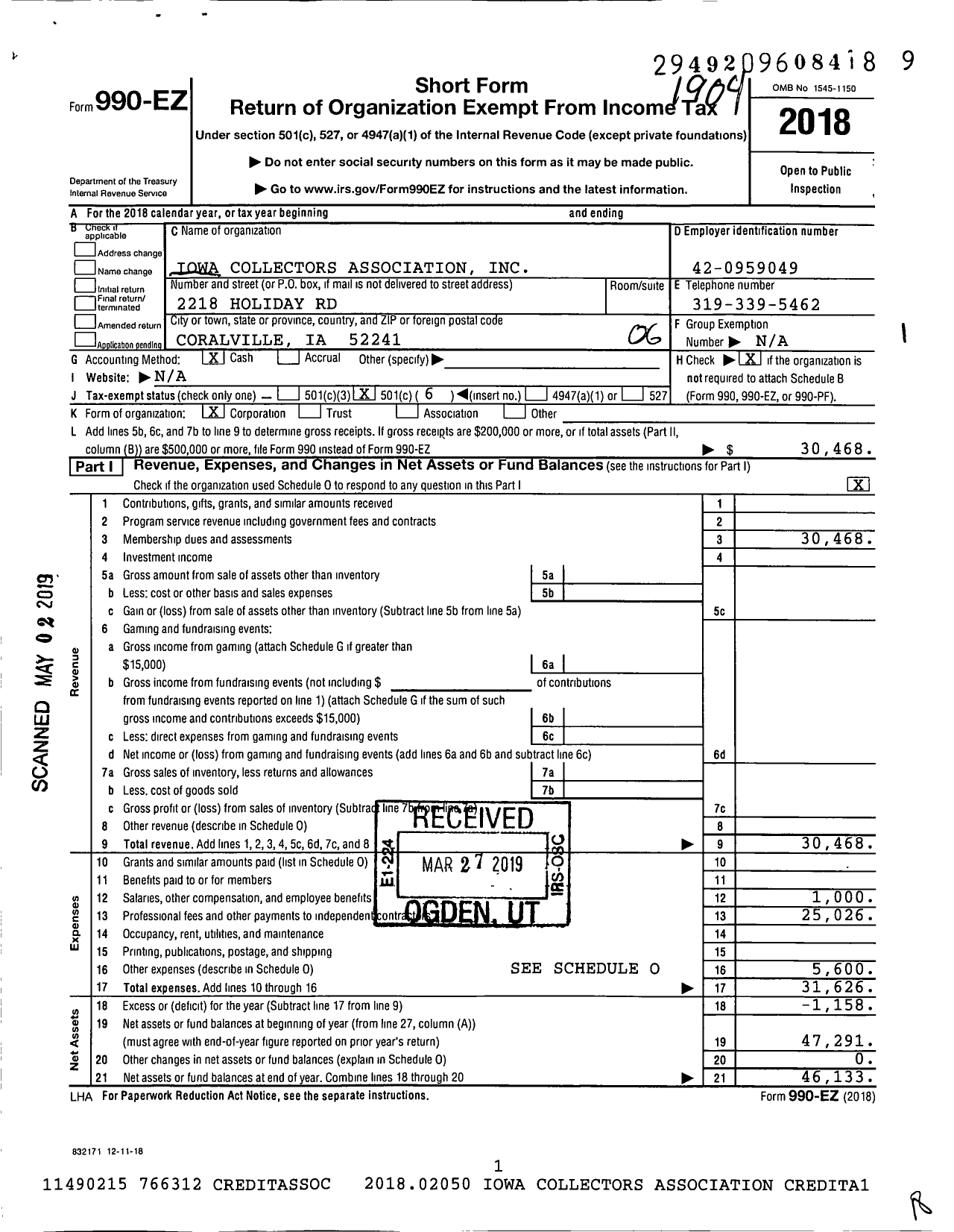 Image of first page of 2018 Form 990EO for Iowa Collectors Association