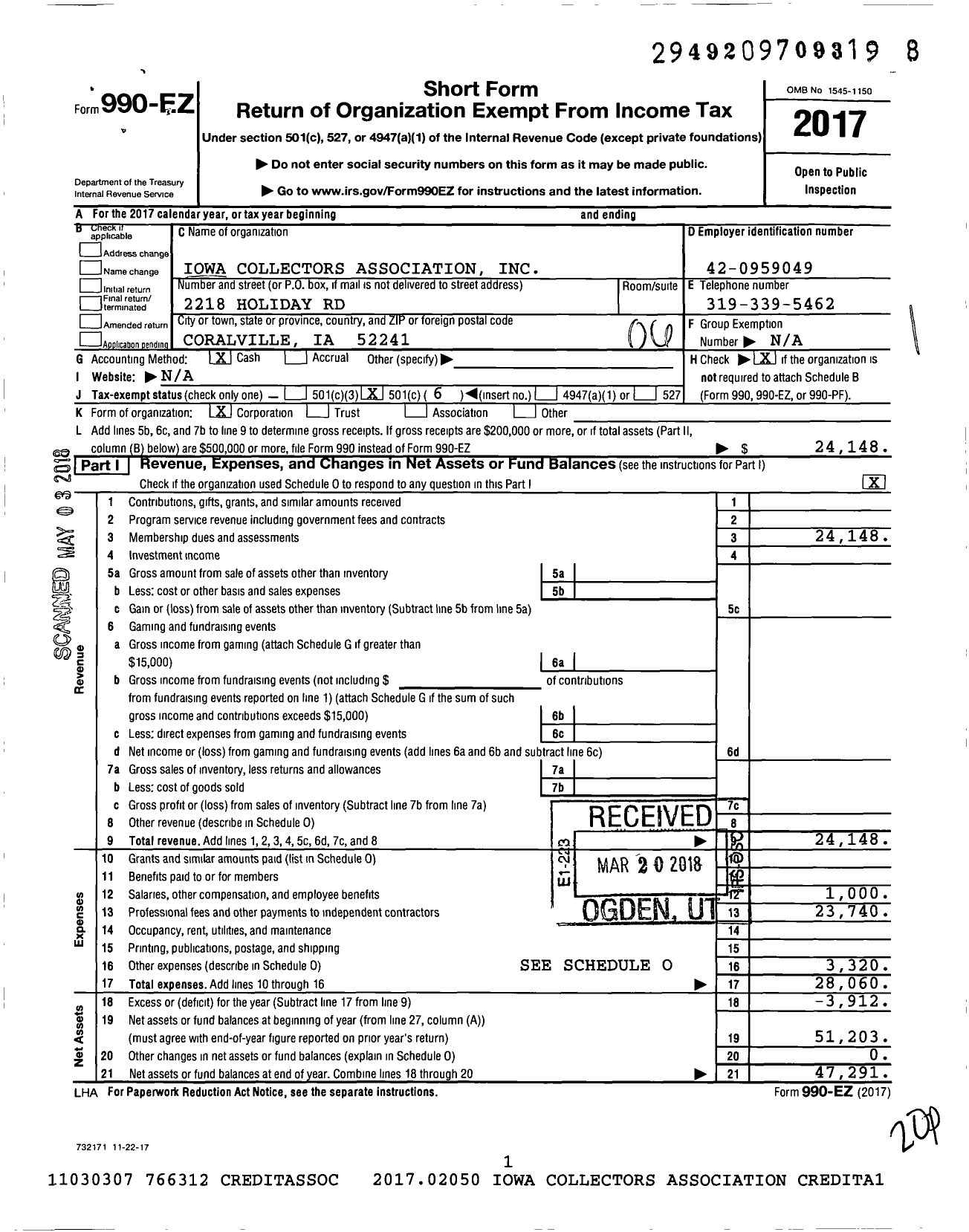 Image of first page of 2017 Form 990EO for Iowa Collectors Association