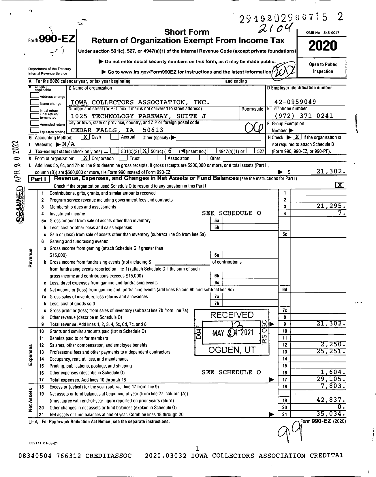 Image of first page of 2020 Form 990EO for Iowa Collectors Association