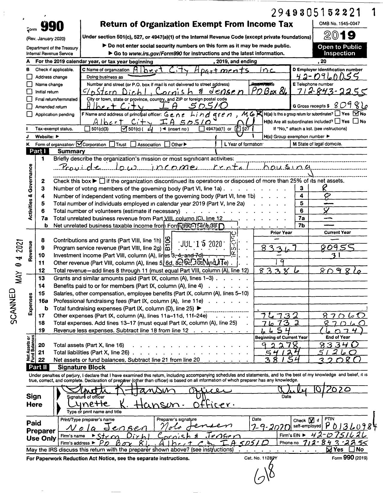 Image of first page of 2019 Form 990O for Albert City Apartments