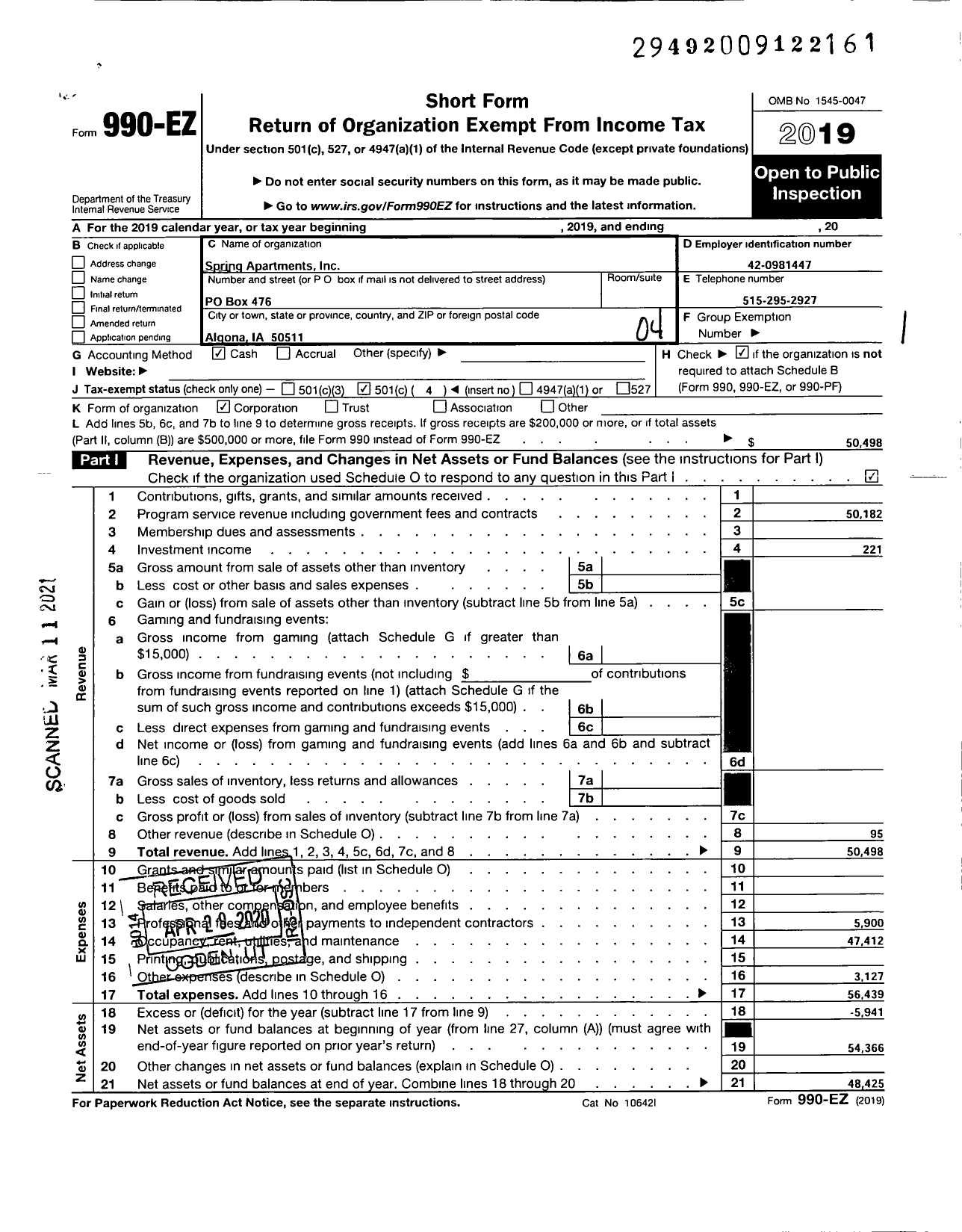 Image of first page of 2019 Form 990EO for Spring Apartments