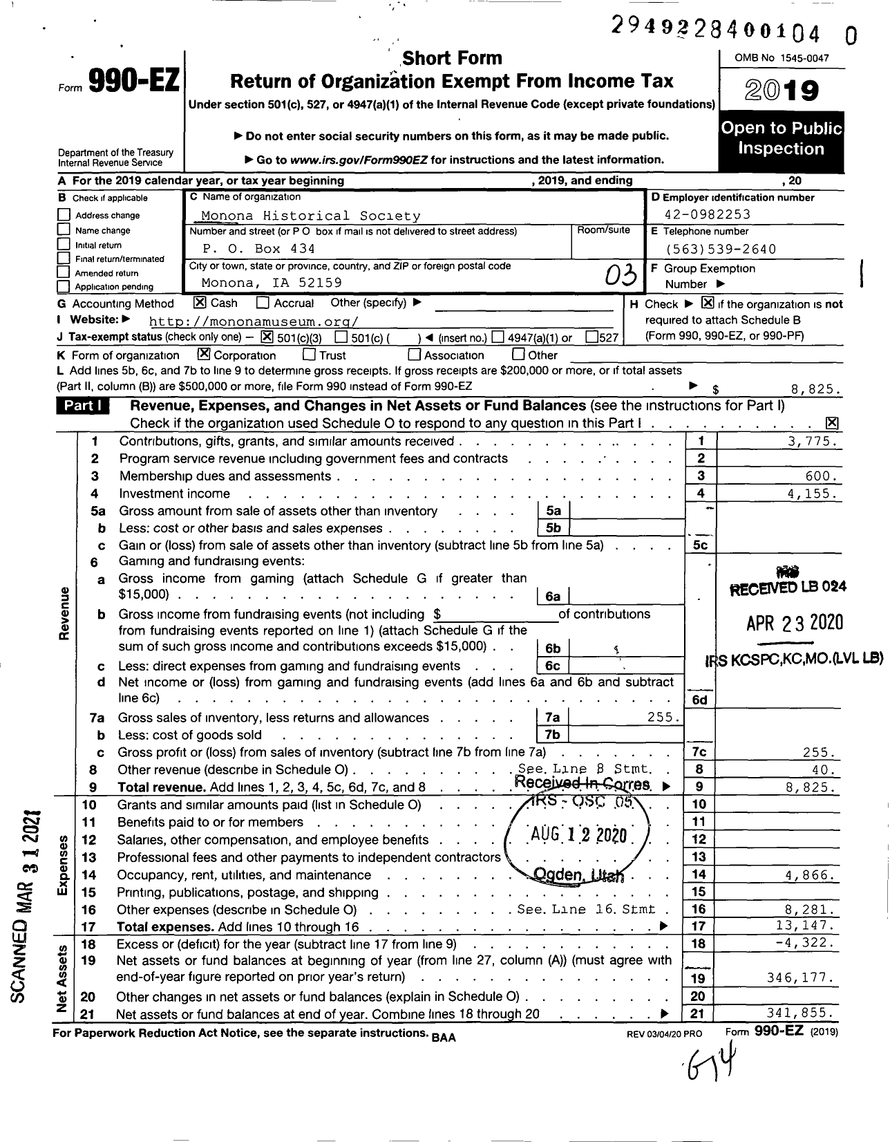 Image of first page of 2019 Form 990EZ for Monona Historical Society