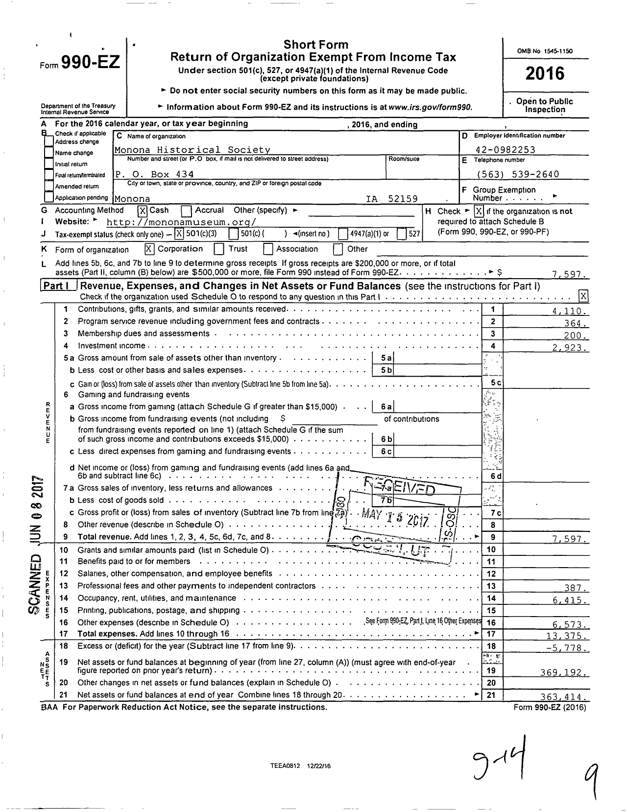 Image of first page of 2016 Form 990EZ for Monona Historical Society