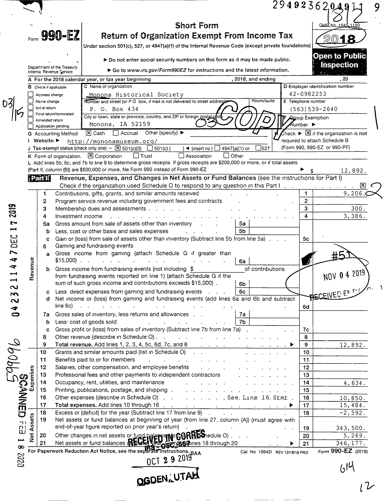 Image of first page of 2018 Form 990EZ for Monona Historical Society