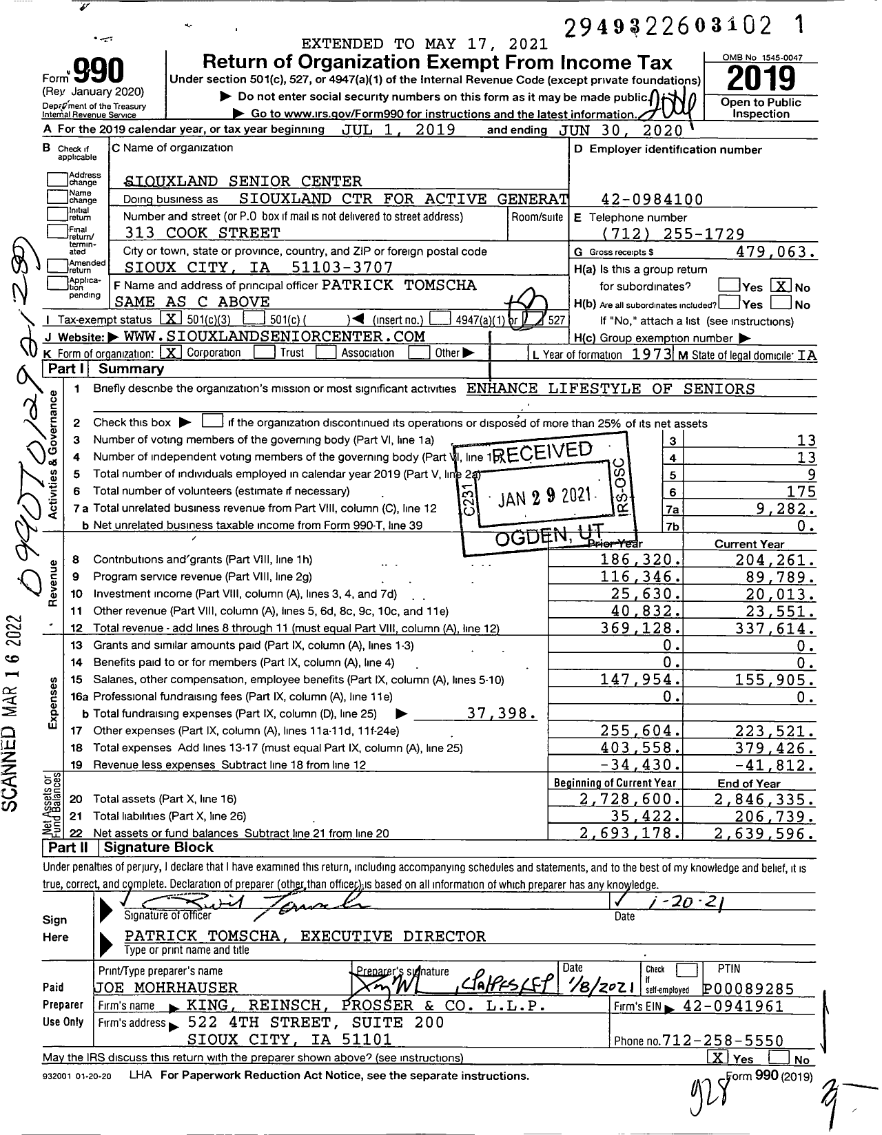 Image of first page of 2019 Form 990 for Siouxland Center for Active Generations