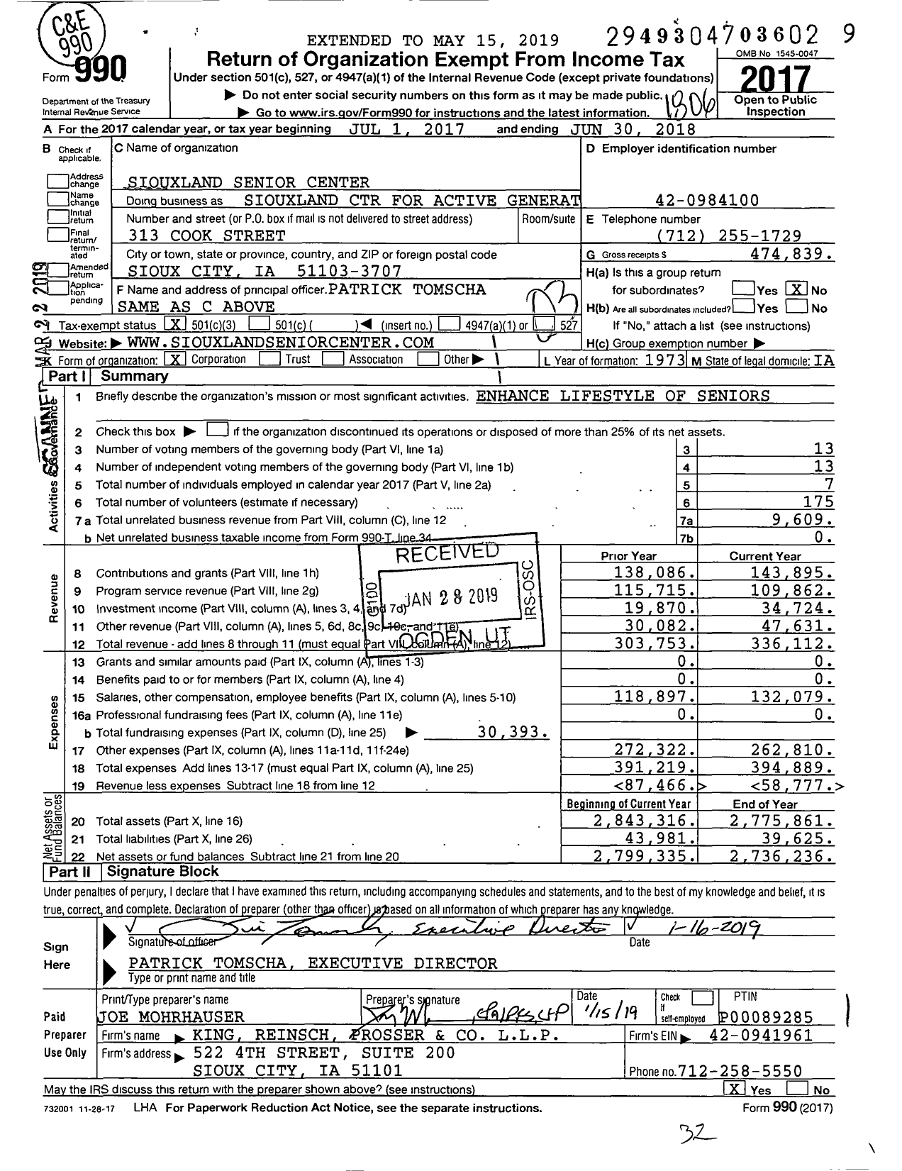 Image of first page of 2017 Form 990 for Siouxland Center for Active Generations