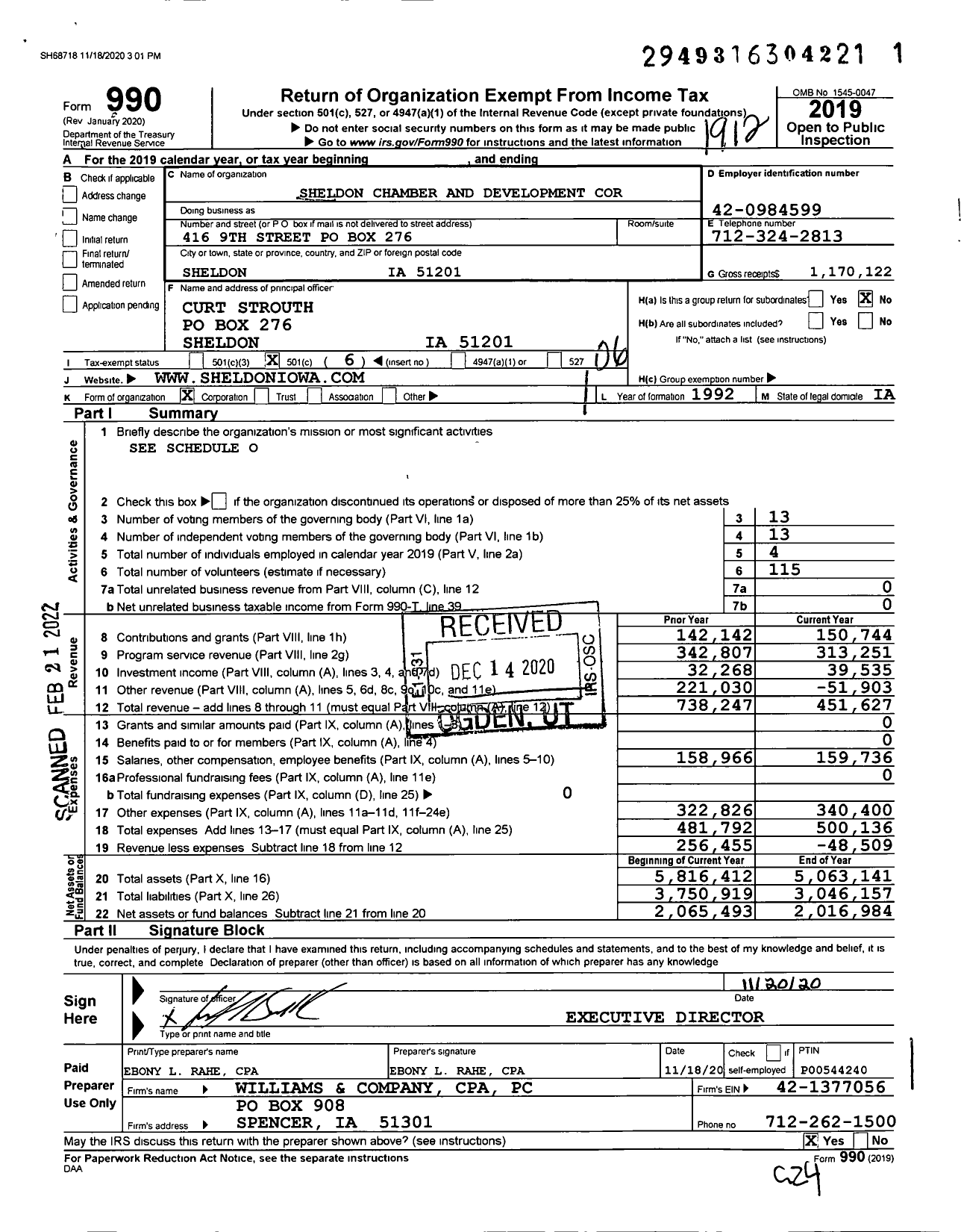 Image of first page of 2019 Form 990O for Sheldon Chamber and Development Corporation