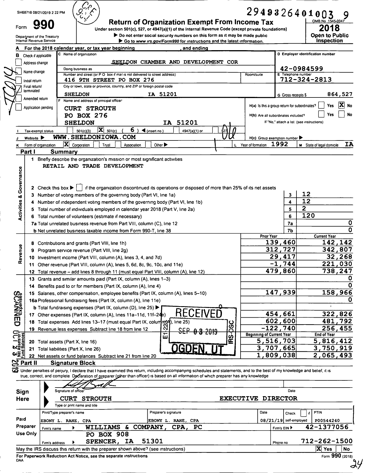 Image of first page of 2018 Form 990O for Sheldon Chamber and Development Corporation