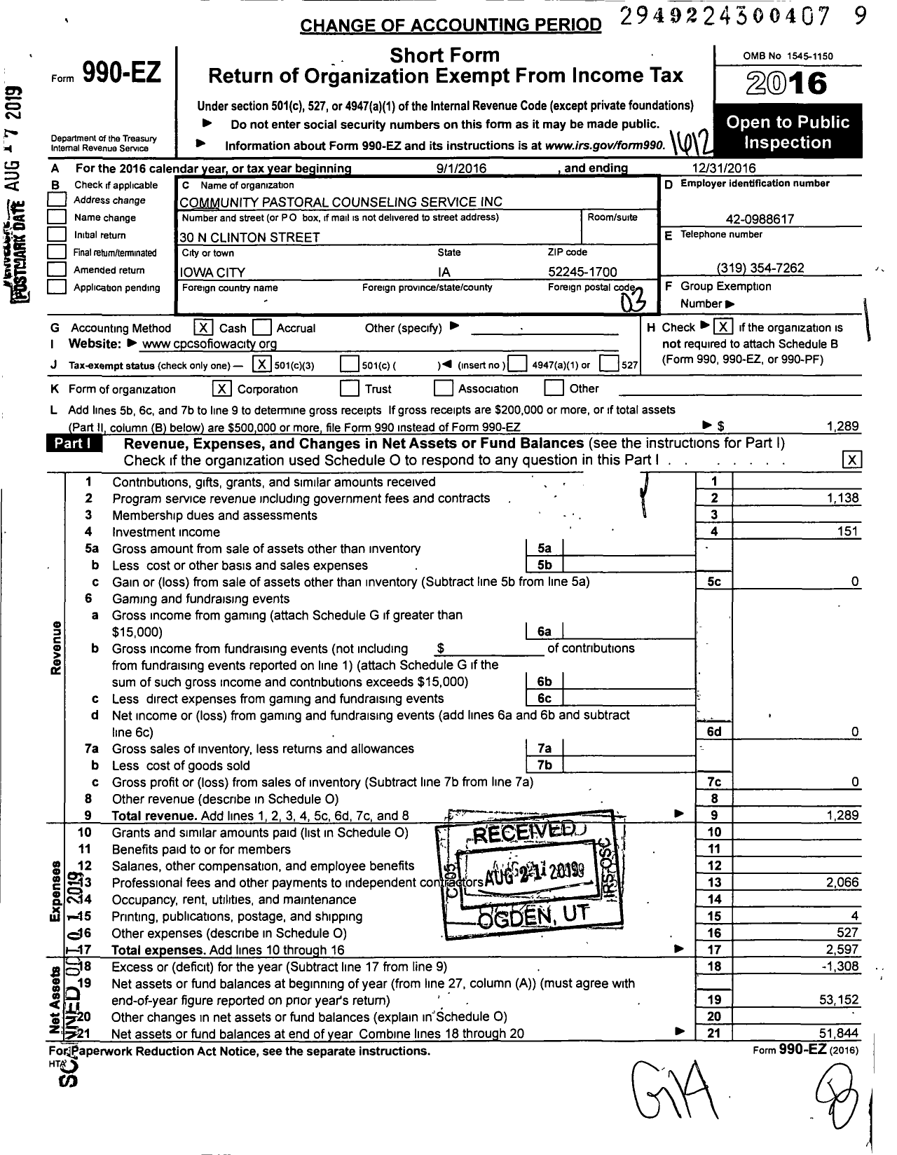 Image of first page of 2016 Form 990EZ for Community Pastoral Counseling Service