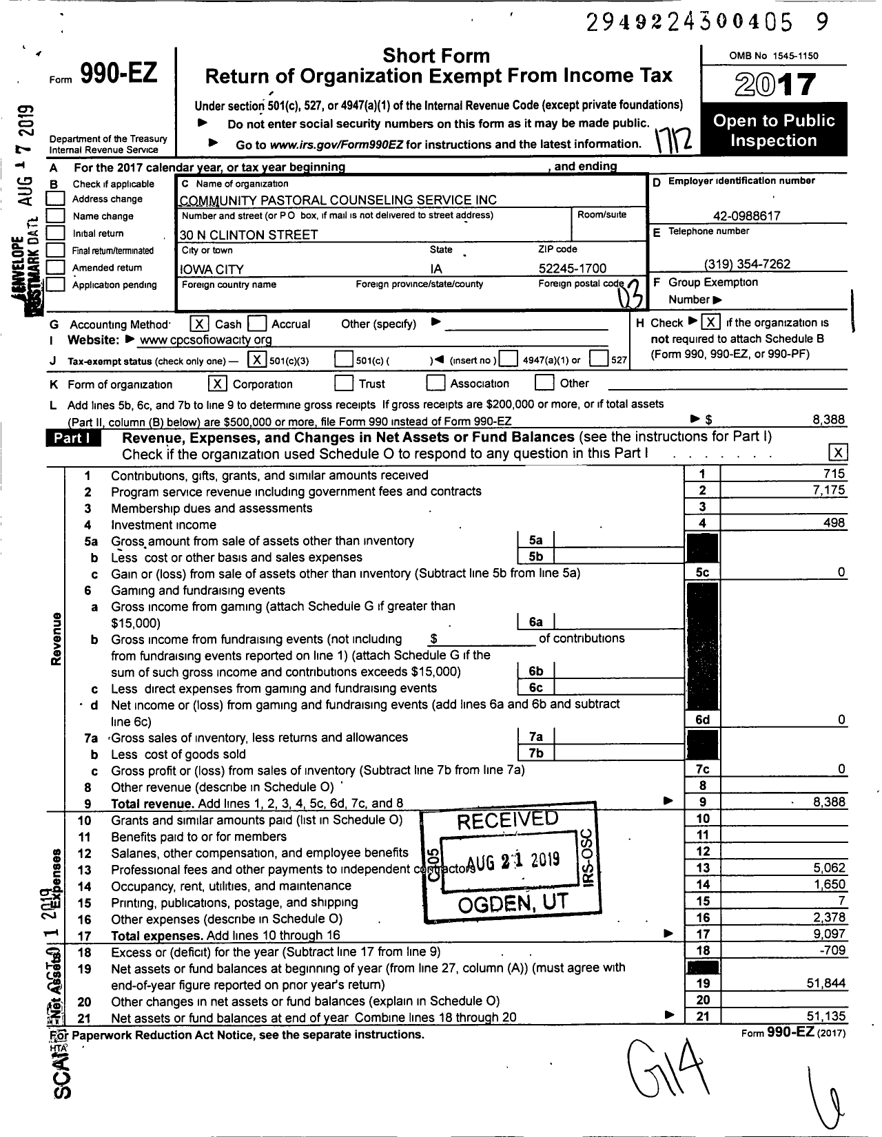 Image of first page of 2017 Form 990EZ for Community Pastoral Counseling Service