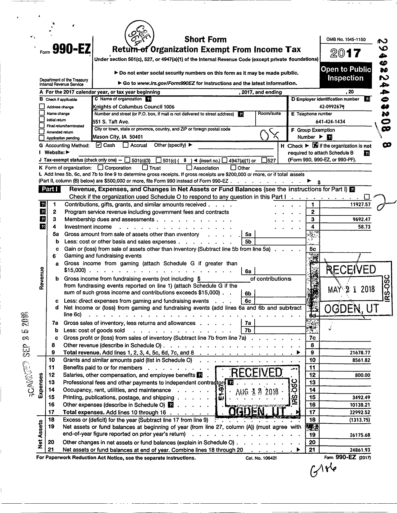 Image of first page of 2017 Form 990EO for Knights of Columbus Council 1006