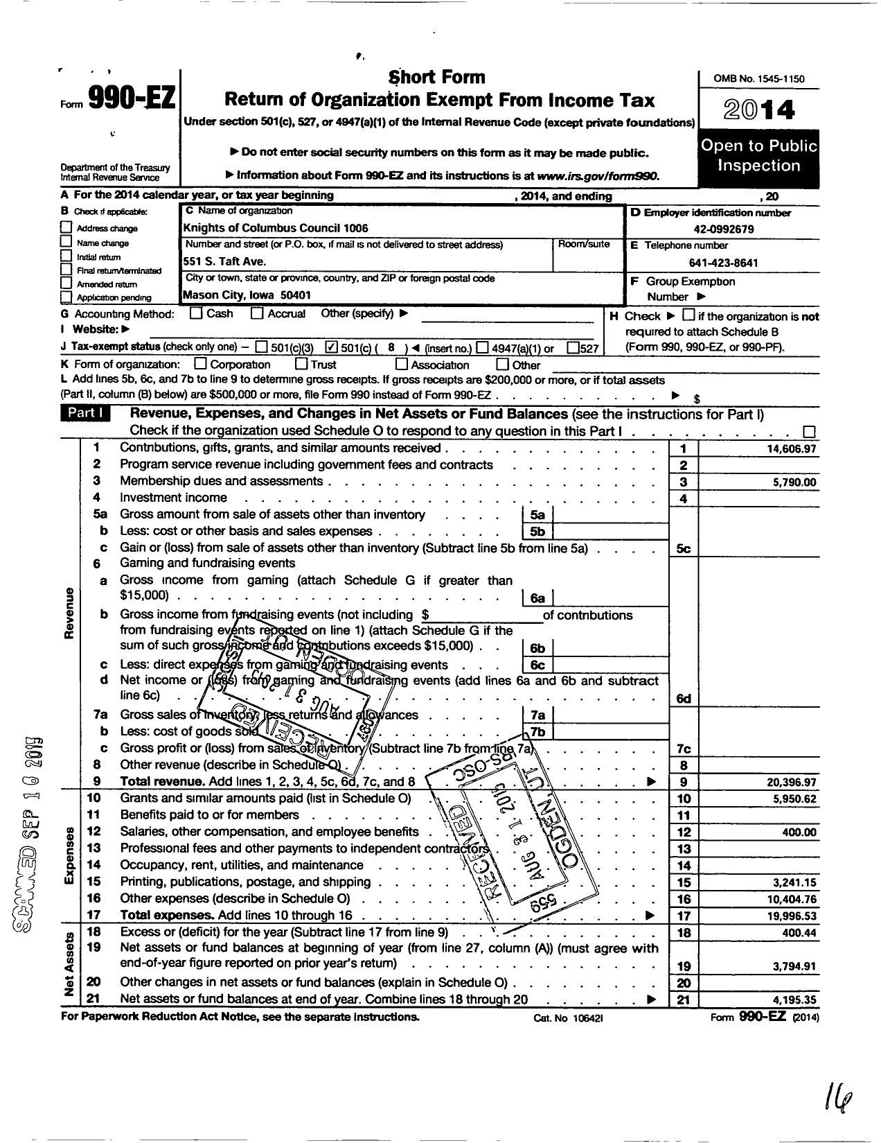 Image of first page of 2014 Form 990EO for Knights of Columbus Council 1006