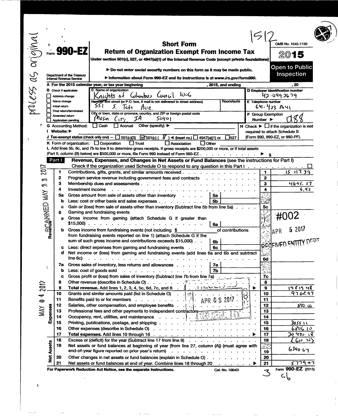 Image of first page of 2015 Form 990EO for Knights of Columbus Council 1006