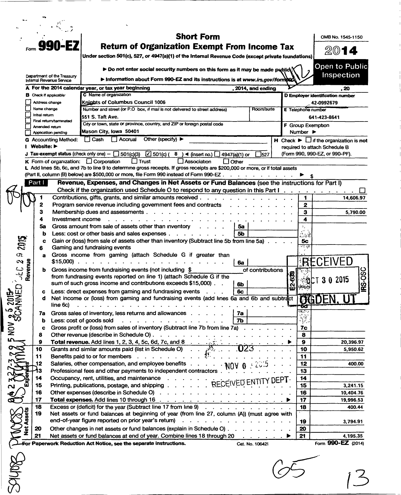 Image of first page of 2014 Form 990EO for Knights of Columbus Council 1006