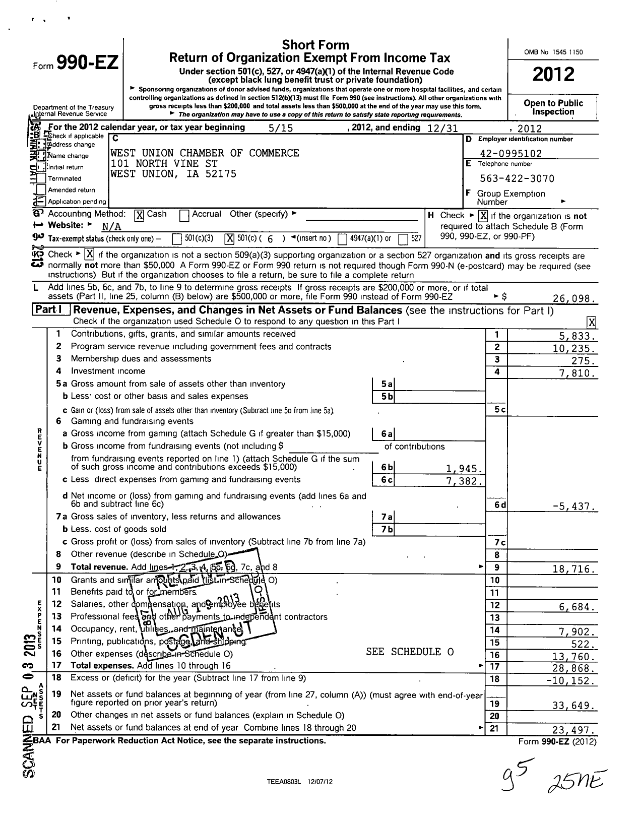 Image of first page of 2012 Form 990EO for West Union Area Chamber of Commerce