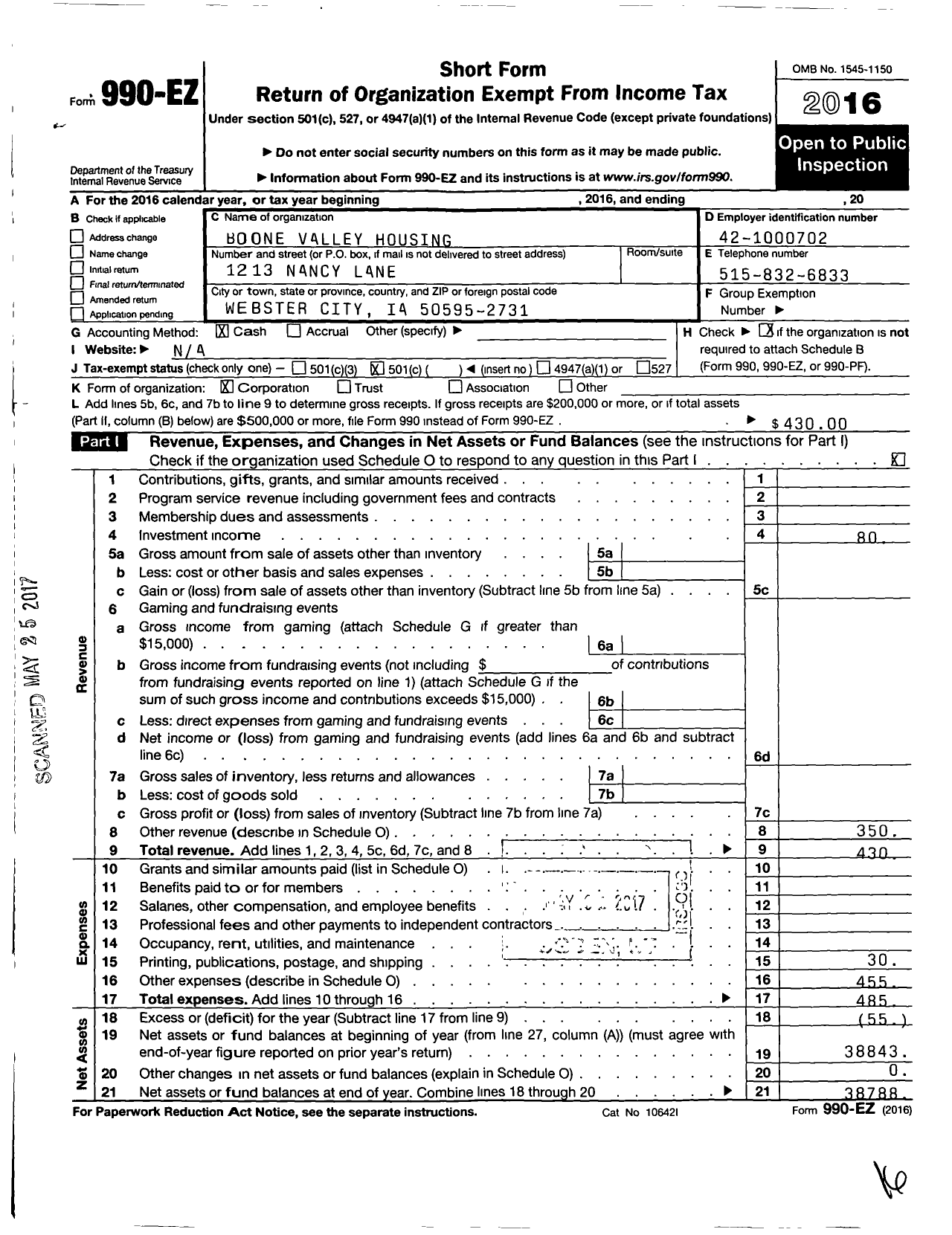 Image of first page of 2016 Form 990EO for Boone Valley Housing