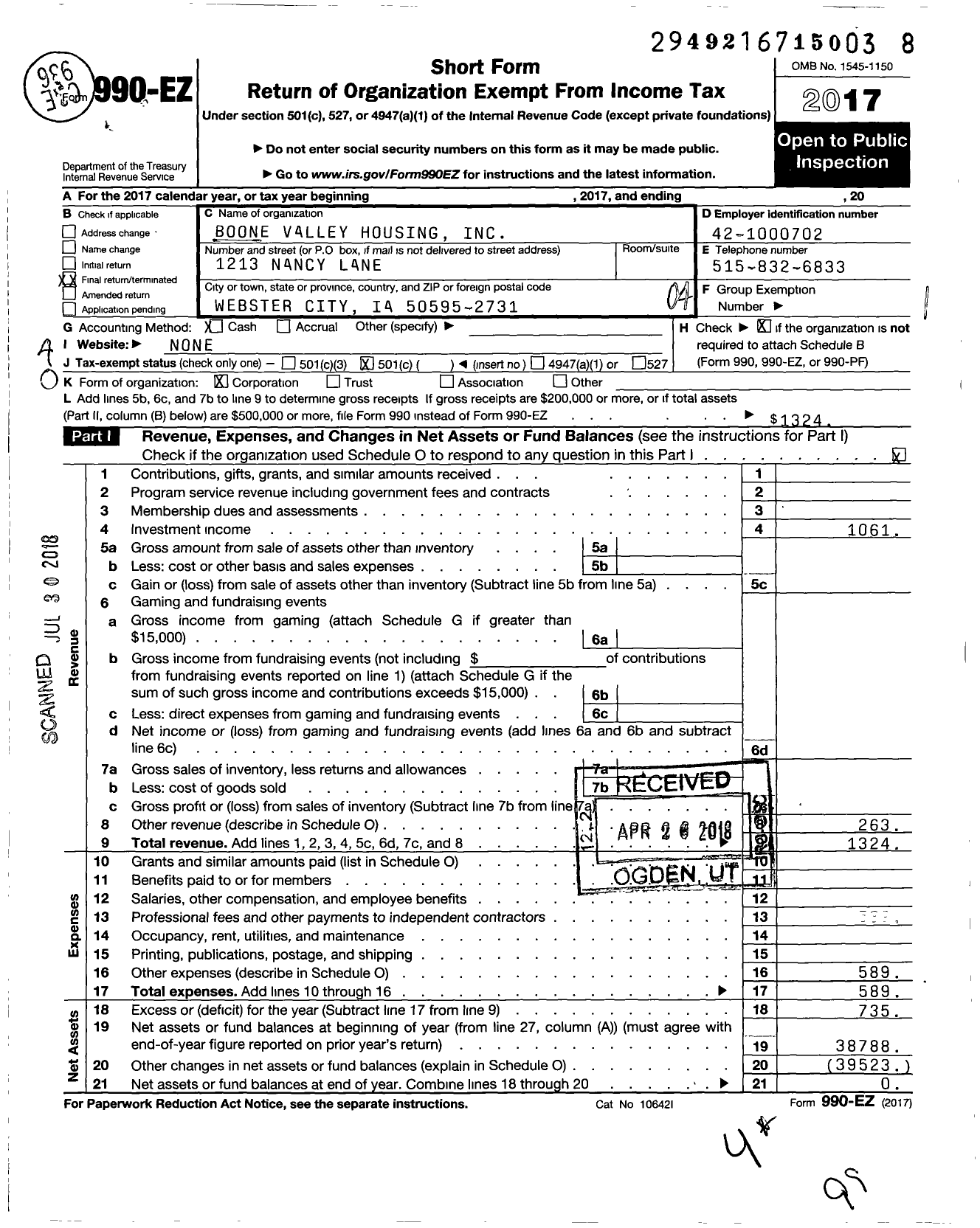 Image of first page of 2017 Form 990EO for Boone Valley Housing