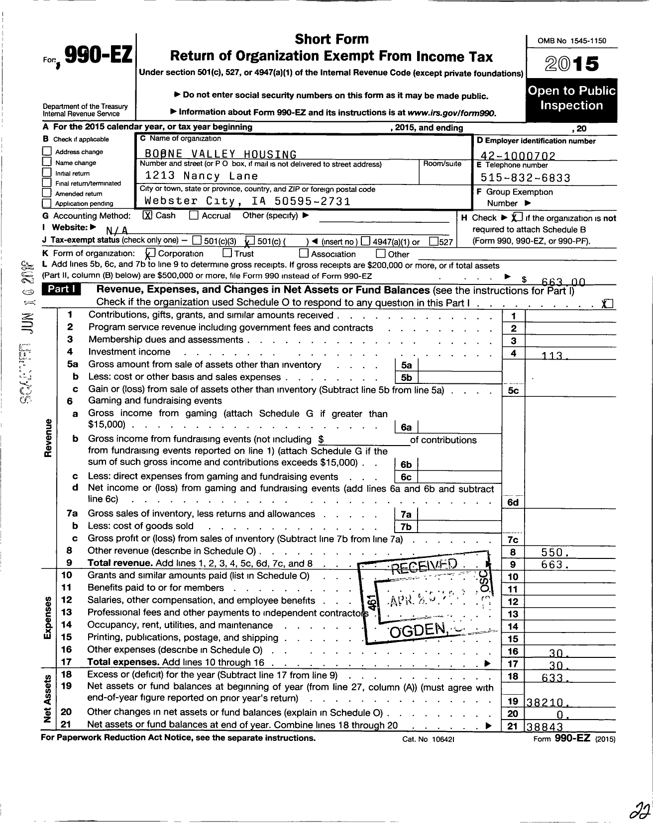 Image of first page of 2015 Form 990EO for Boone Valley Housing