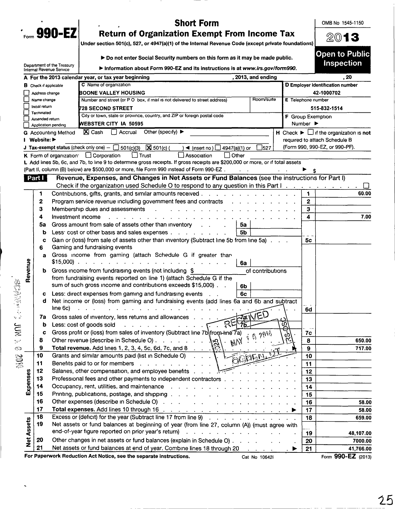 Image of first page of 2013 Form 990EO for Boone Valley Housing