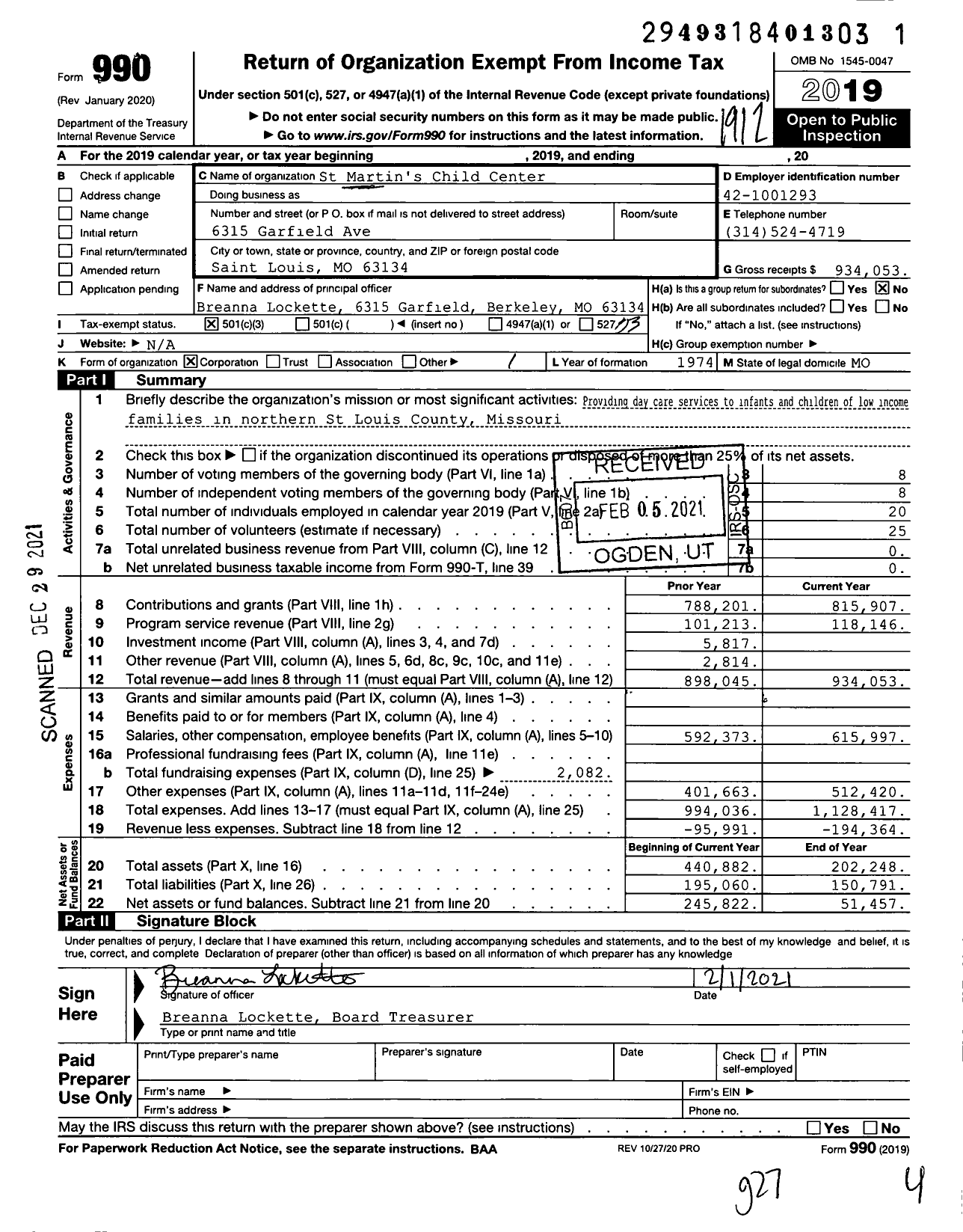Image of first page of 2019 Form 990 for St Martin's Child Center