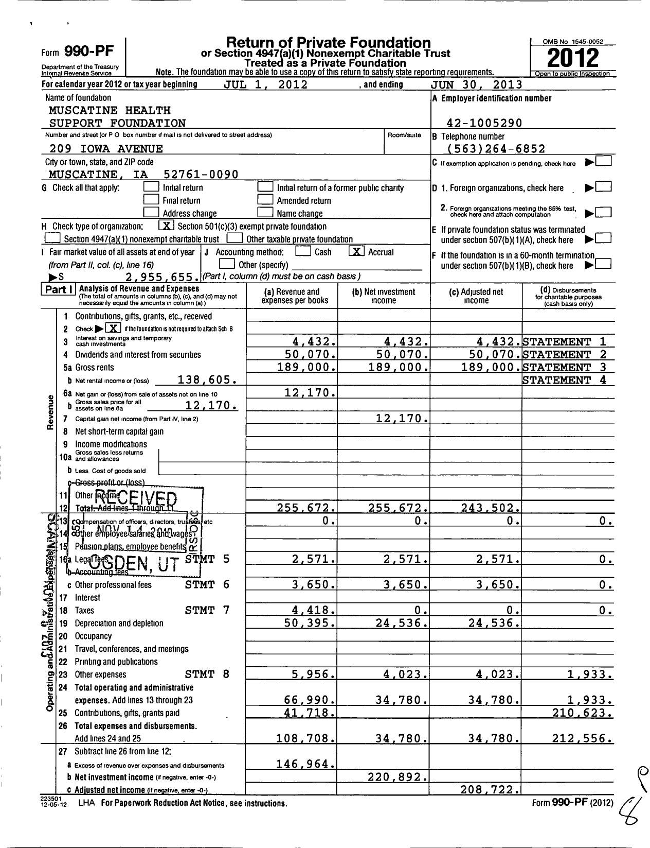 Image of first page of 2012 Form 990PF for Muscatine Health Support Foundation