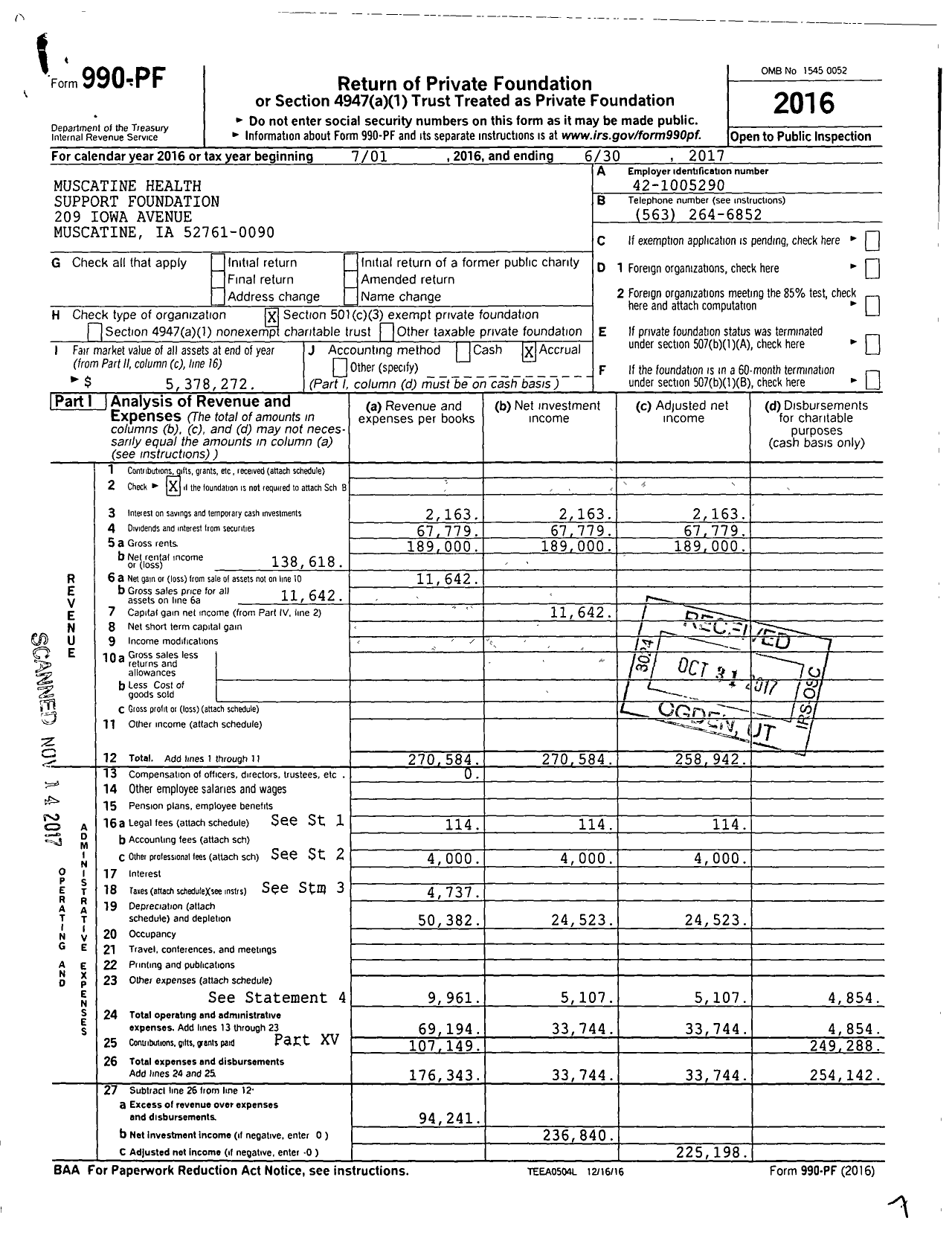 Image of first page of 2016 Form 990PF for Muscatine Health Support Foundation