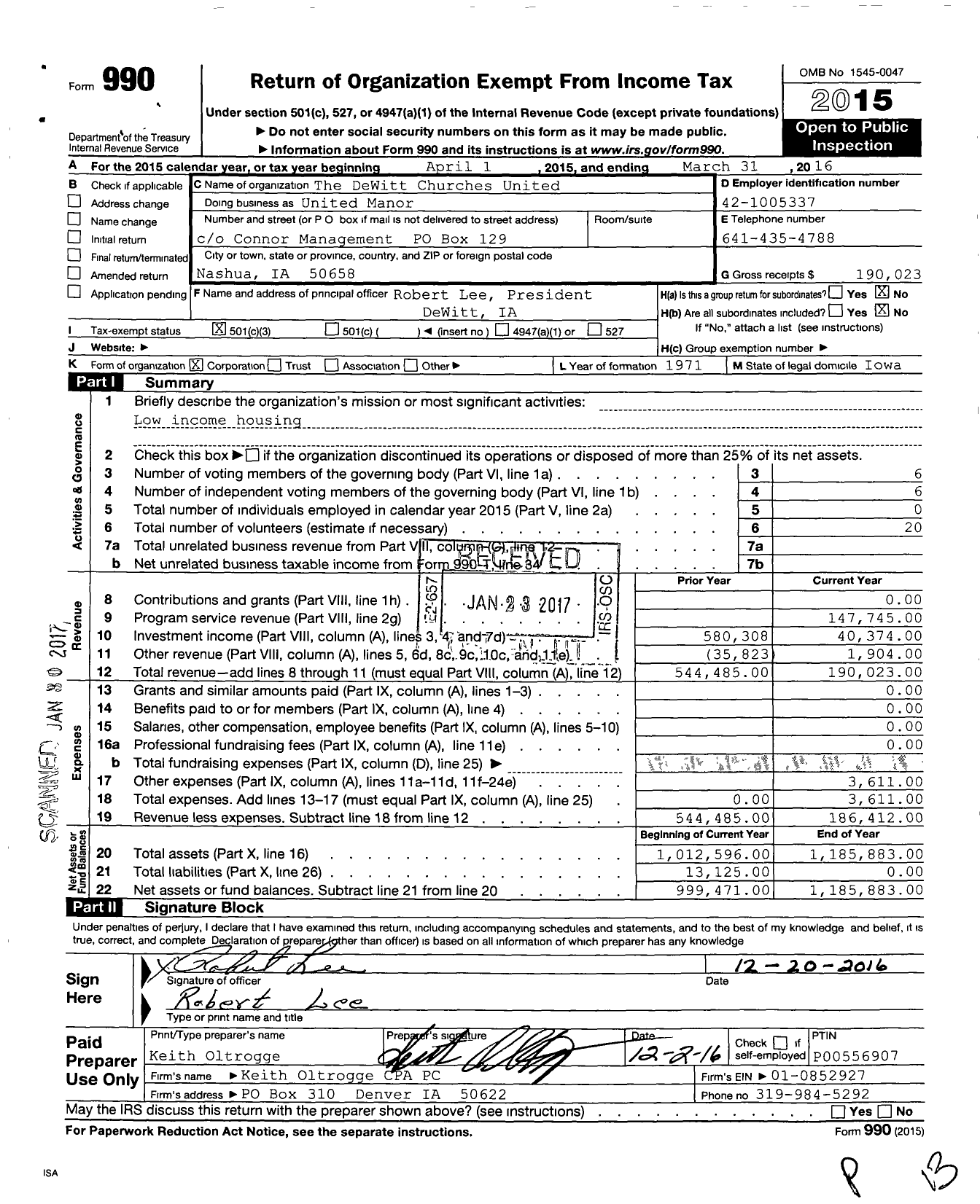 Image of first page of 2015 Form 990 for Dewitt Churches United