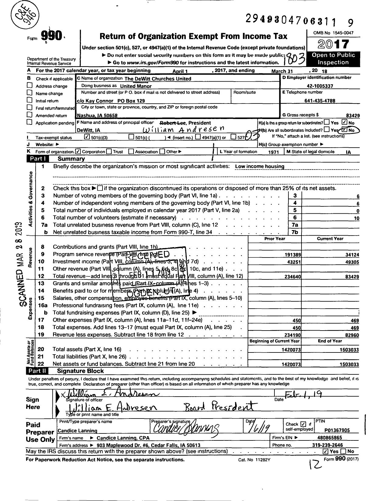 Image of first page of 2017 Form 990 for Dewitt Churches United
