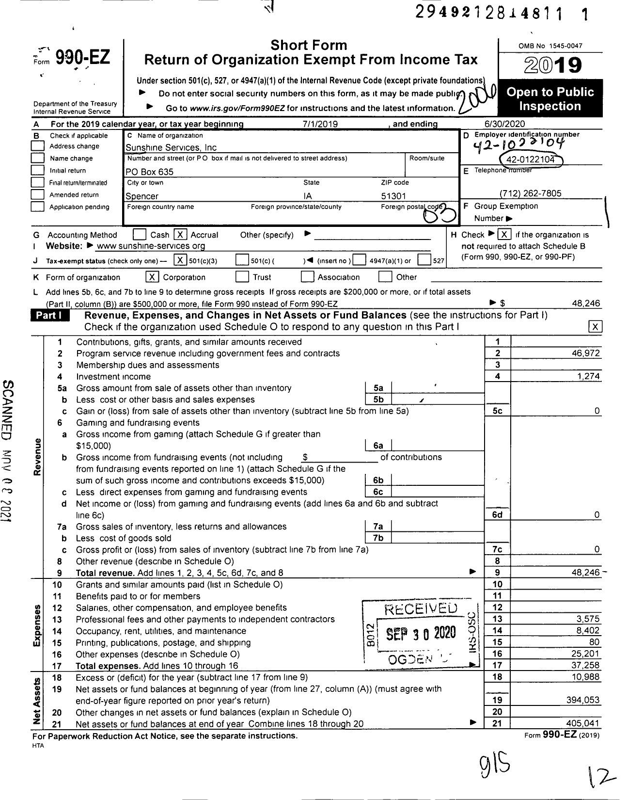 Image of first page of 2019 Form 990EZ for Sunshine Services