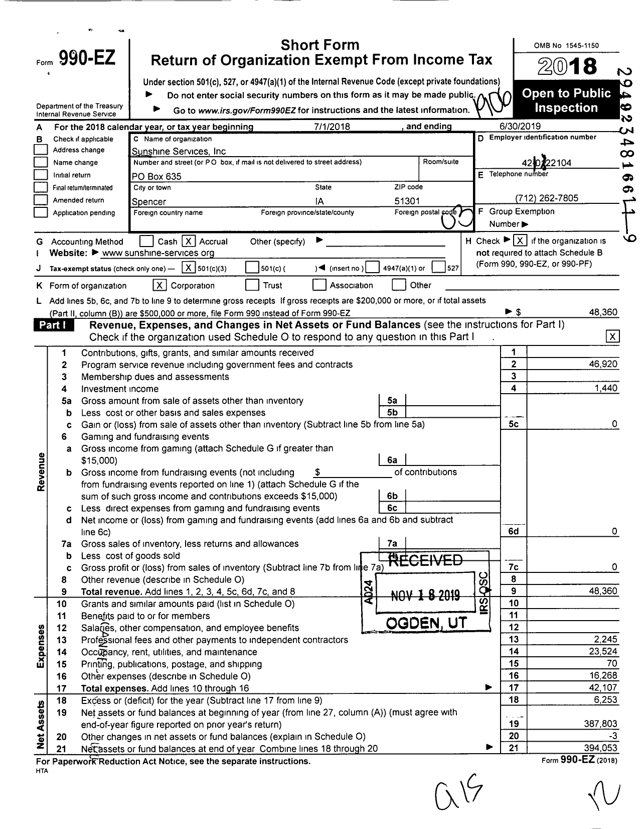 Image of first page of 2018 Form 990EZ for Sunshine Services