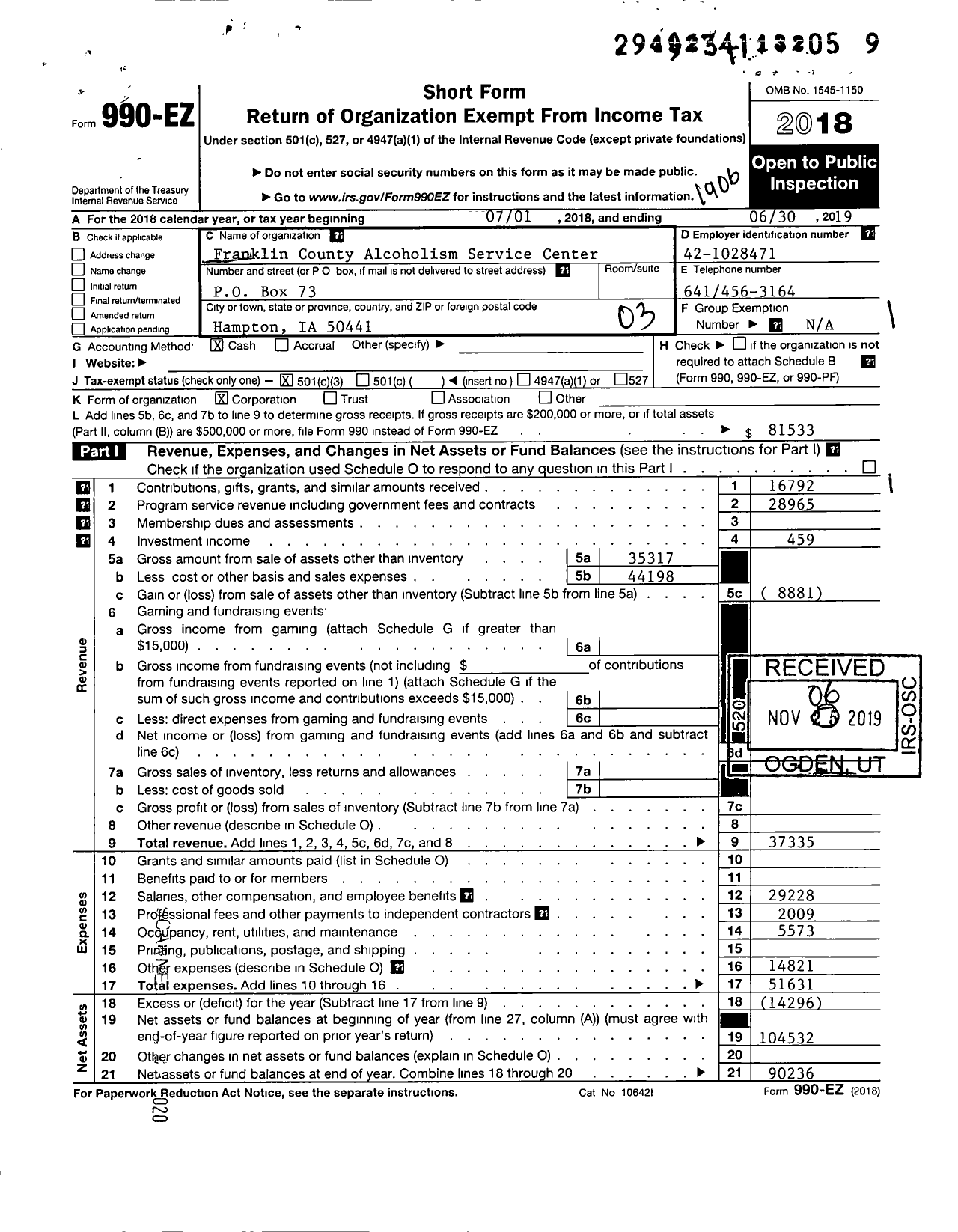 Image of first page of 2018 Form 990EZ for Franklin County Alcoholism Service Center