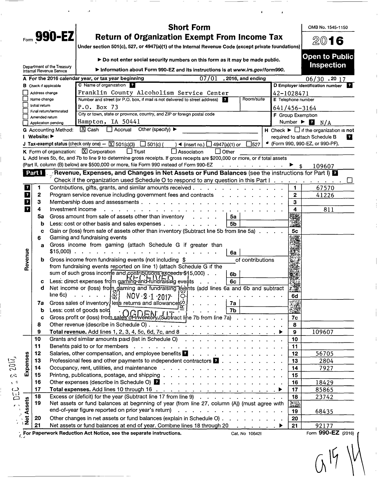 Image of first page of 2016 Form 990EZ for Franklin County Alcoholism Service Center