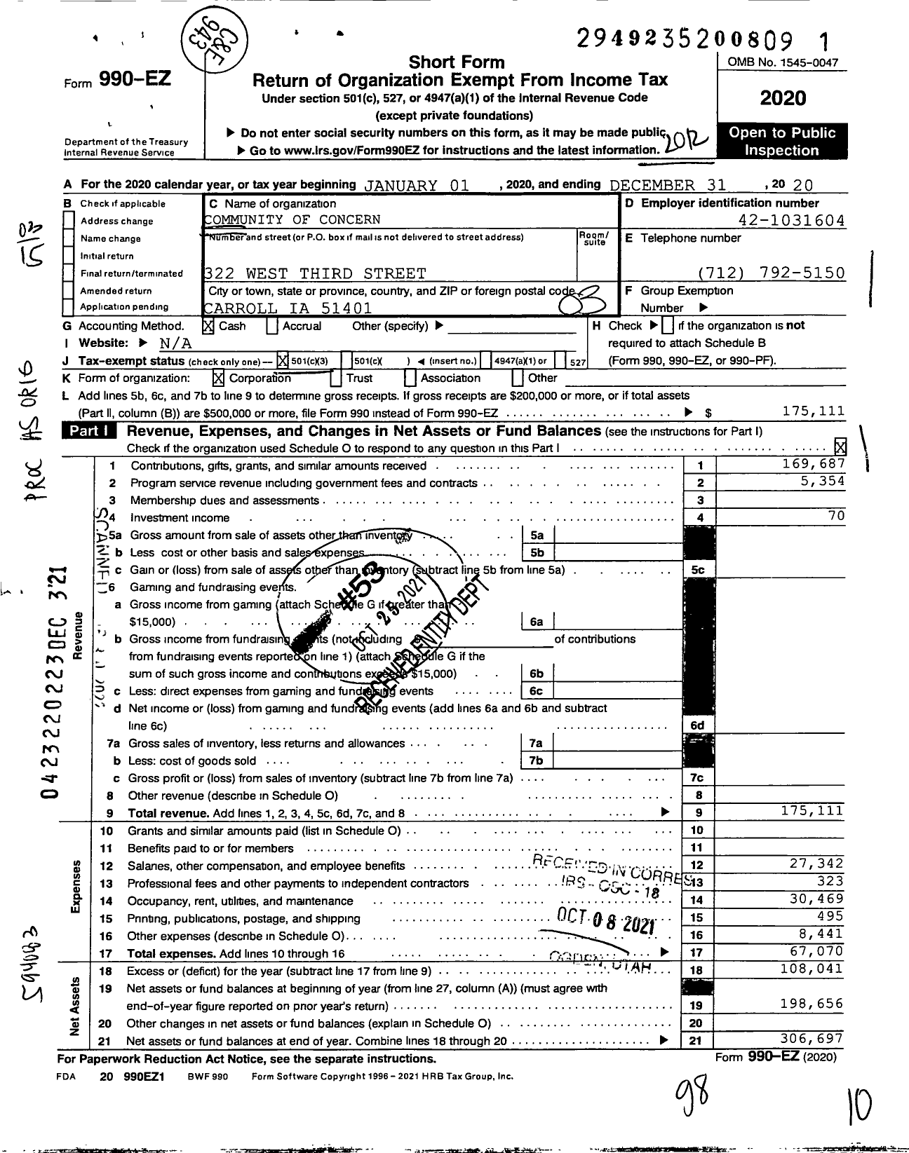 Image of first page of 2020 Form 990EZ for Community of Concern