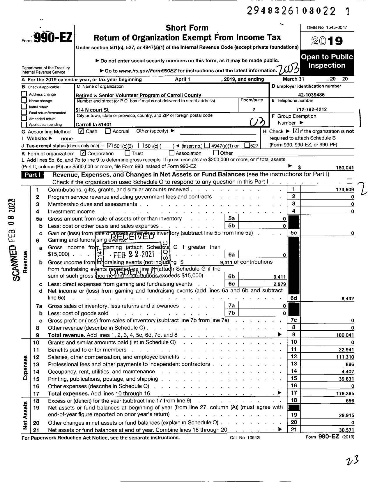 Image of first page of 2019 Form 990EZ for Retired and Senior Volunteer Program of Carroll County